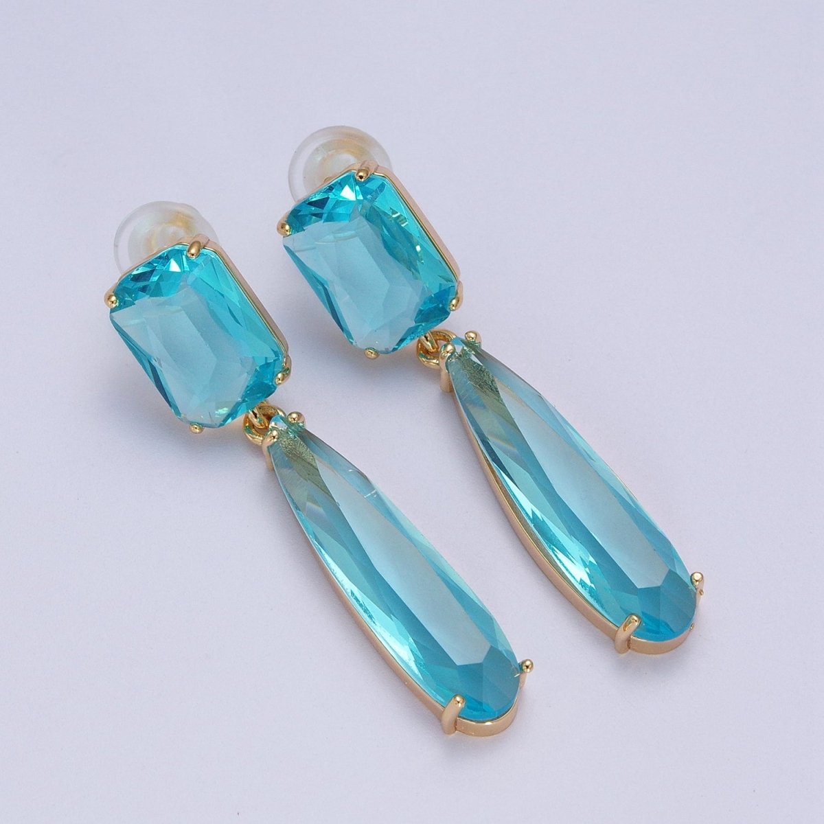 24K Gold Filled CZ Cubic Zirconia Baguette Teardrop Dangle Studs Earrings | AD-232~AD-243