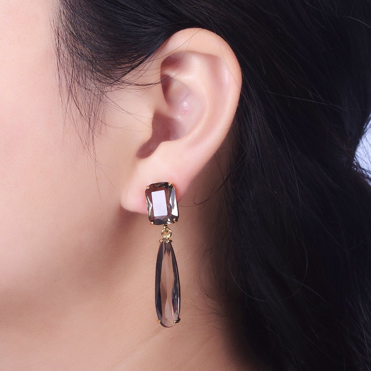 24K Gold Filled CZ Cubic Zirconia Baguette Teardrop Dangle Studs Earrings | AD-232~AD-243