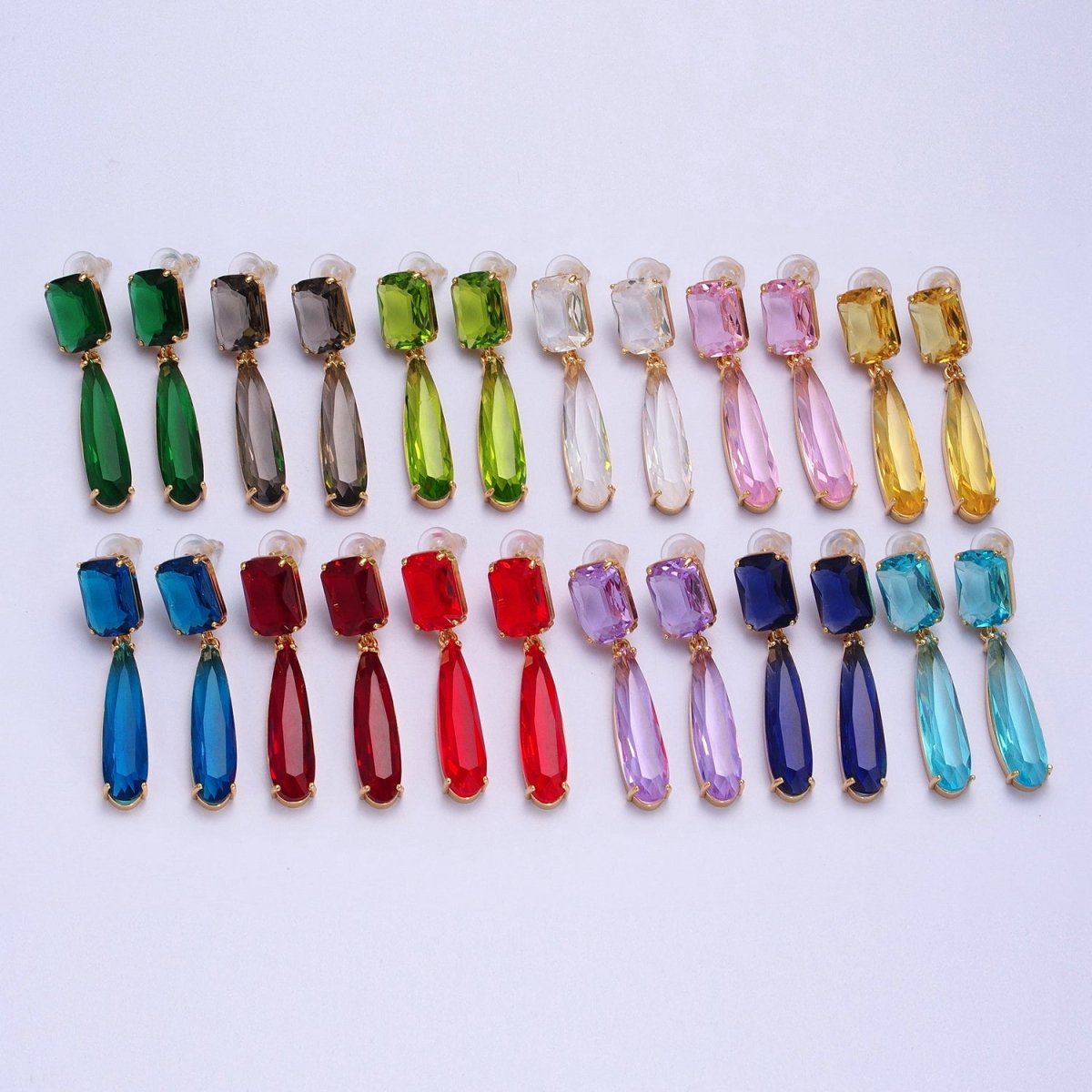 24K Gold Filled CZ Cubic Zirconia Baguette Teardrop Dangle Studs Earrings | AD-232~AD-243