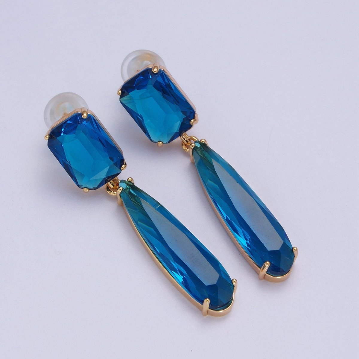 24K Gold Filled CZ Cubic Zirconia Baguette Teardrop Dangle Studs Earrings | AD-232~AD-243