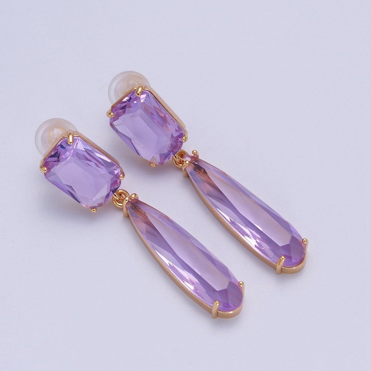 24K Gold Filled CZ Cubic Zirconia Baguette Teardrop Dangle Studs Earrings | AD-232~AD-243