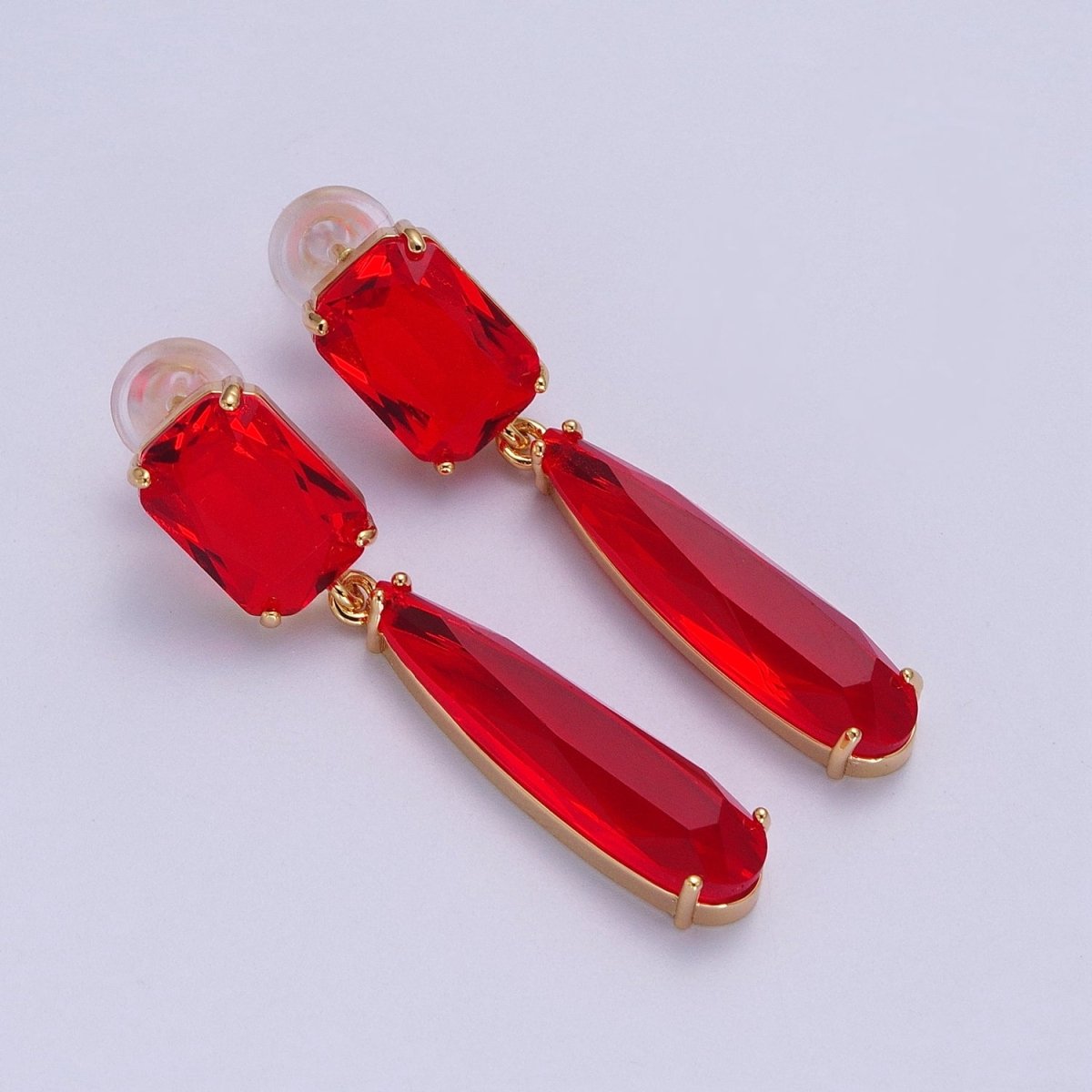 24K Gold Filled CZ Cubic Zirconia Baguette Teardrop Dangle Studs Earrings | AD-232~AD-243