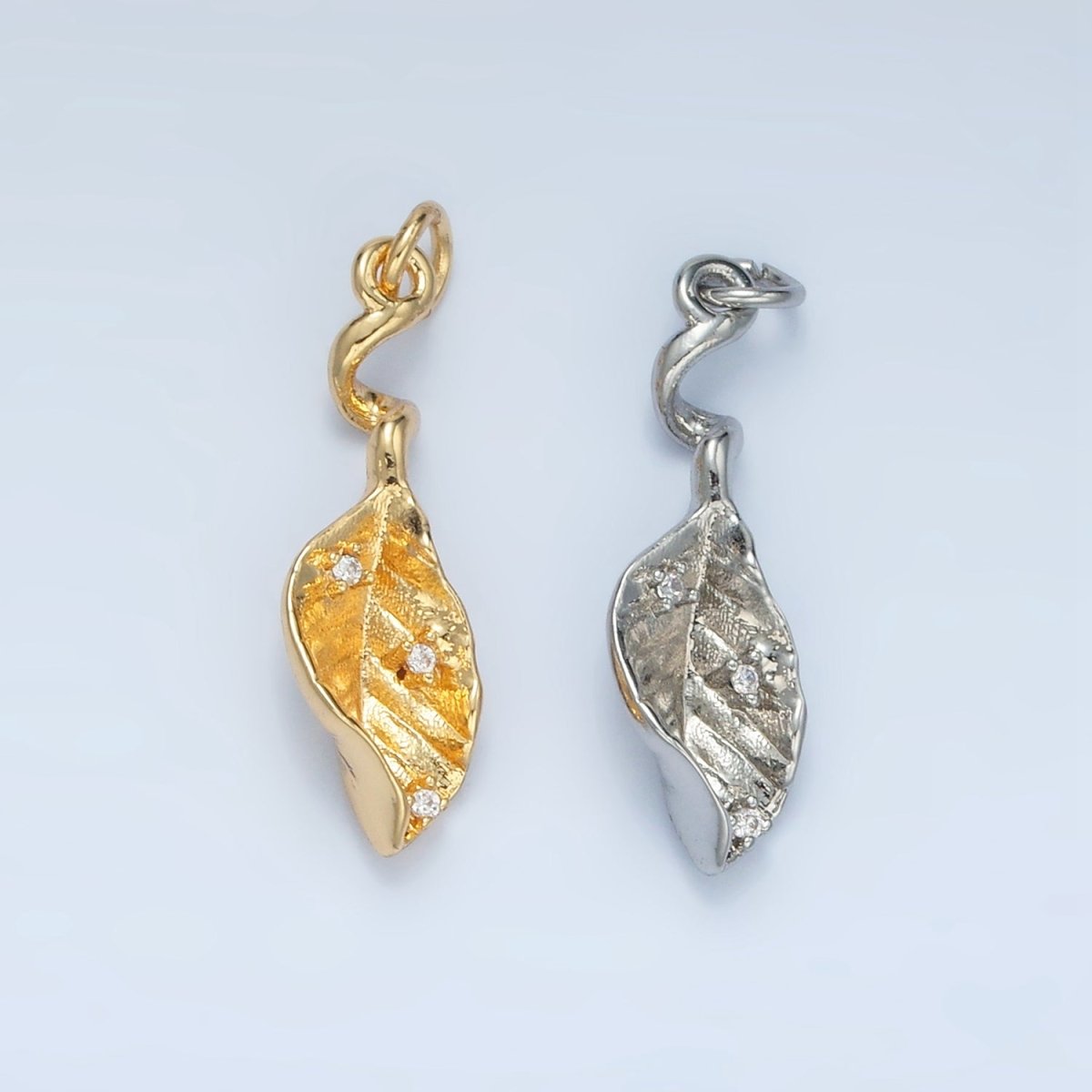 24K Gold Filled CZ Curved Leaf Nature Multidimensional Mini Charm in Gold & Silver | E382