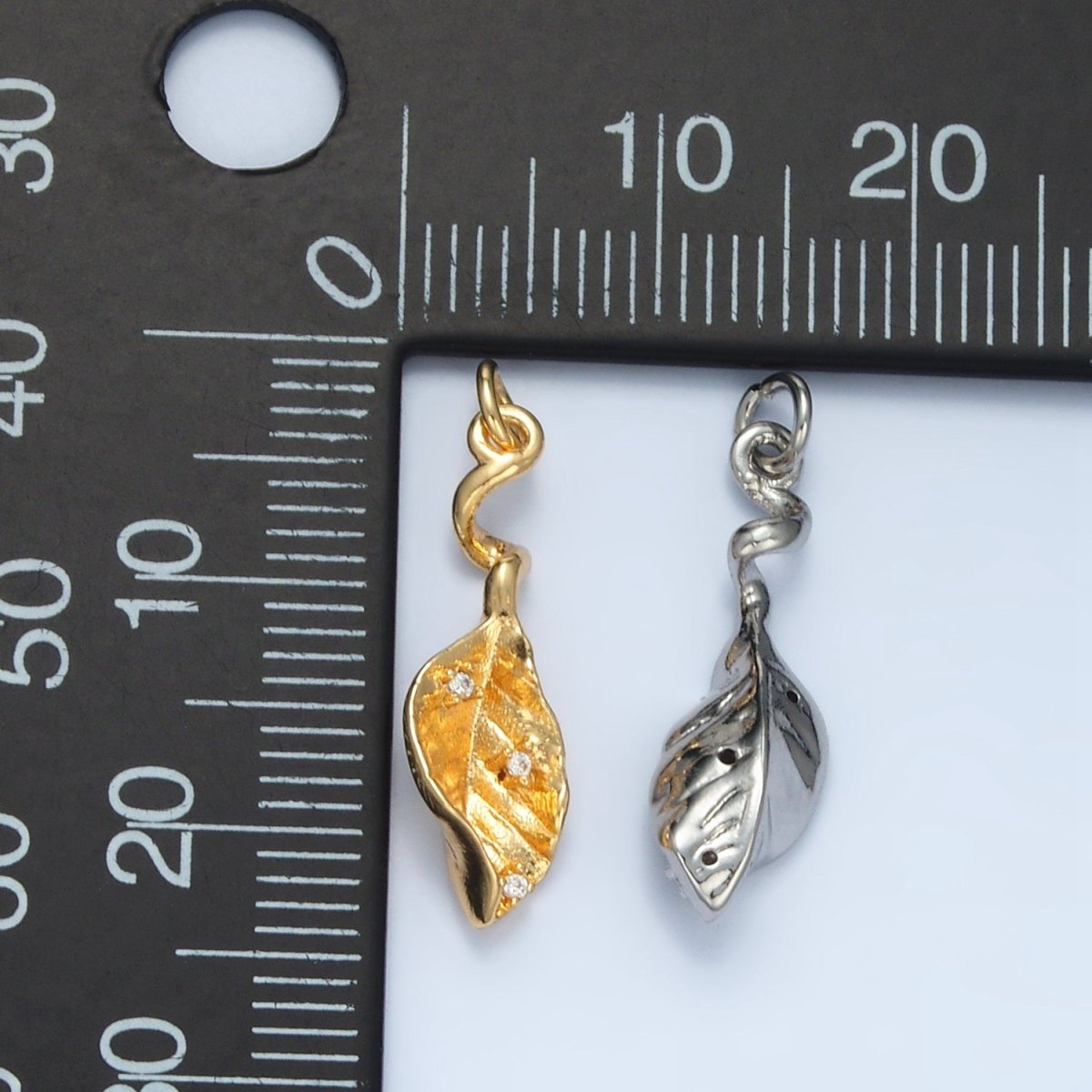 24K Gold Filled CZ Curved Leaf Nature Multidimensional Mini Charm in Gold & Silver | E382