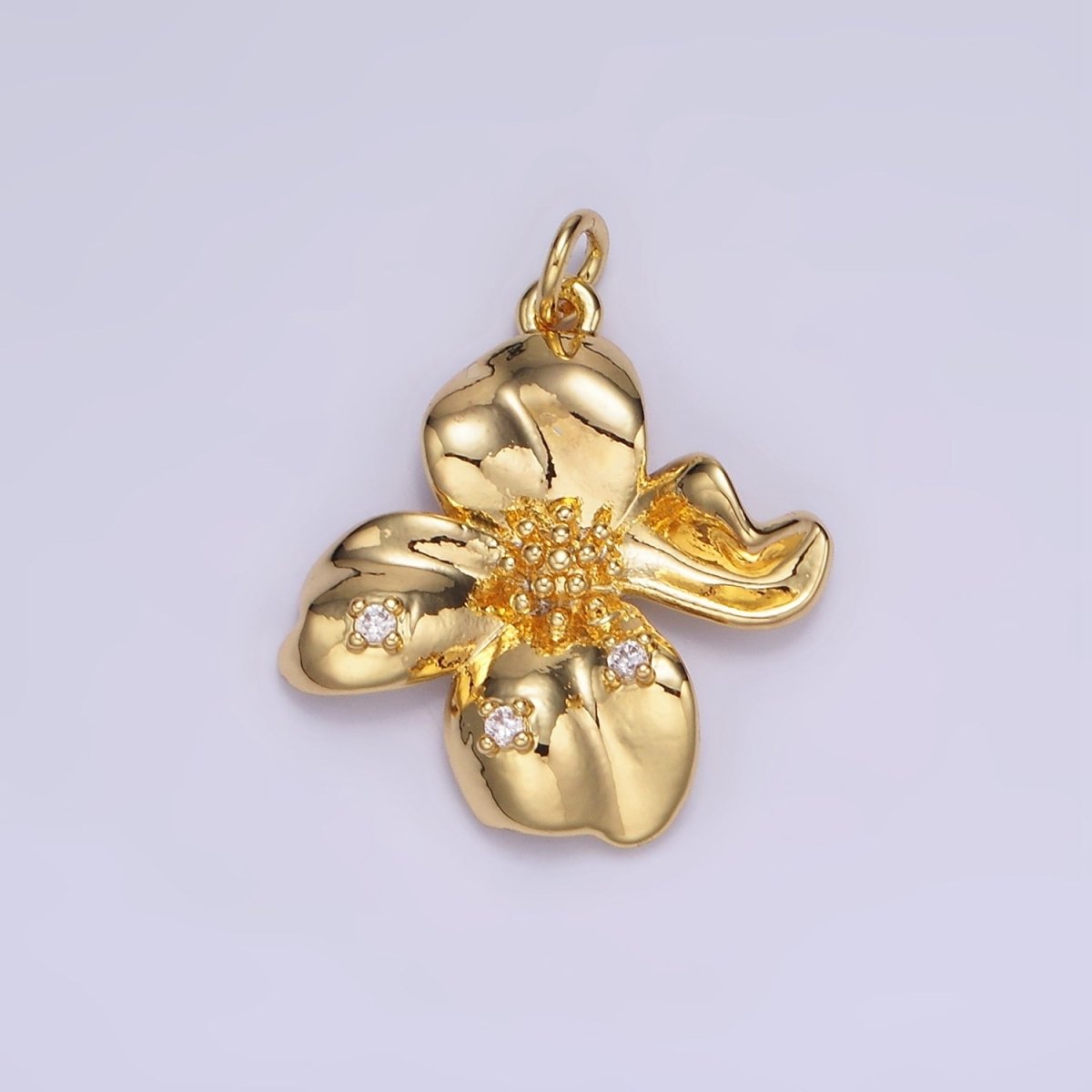 24K Gold Filled CZ Dotted Molten Foil Flower Petal Charm in Gold & Silver | C242