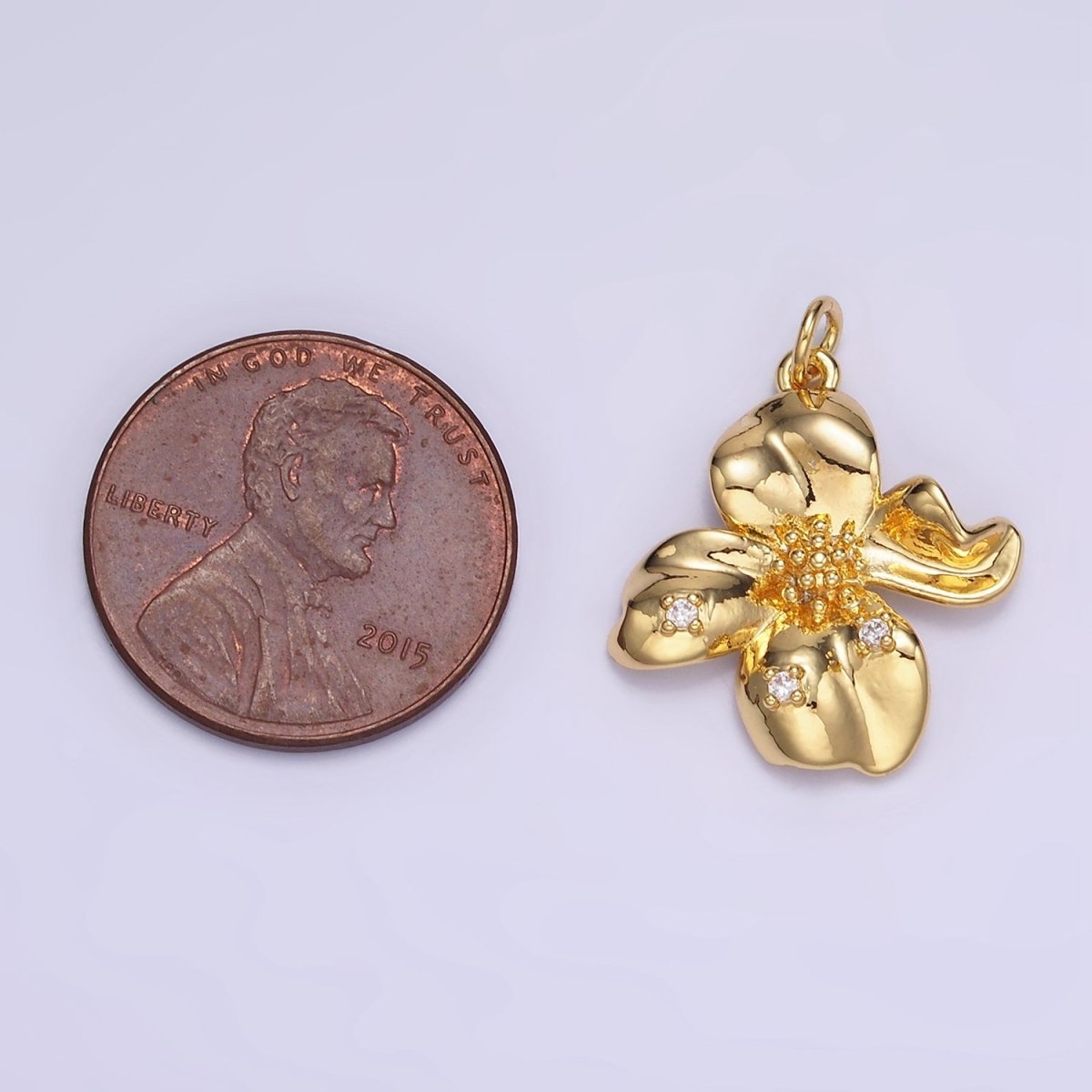 24K Gold Filled CZ Dotted Molten Foil Flower Petal Charm in Gold & Silver | C242