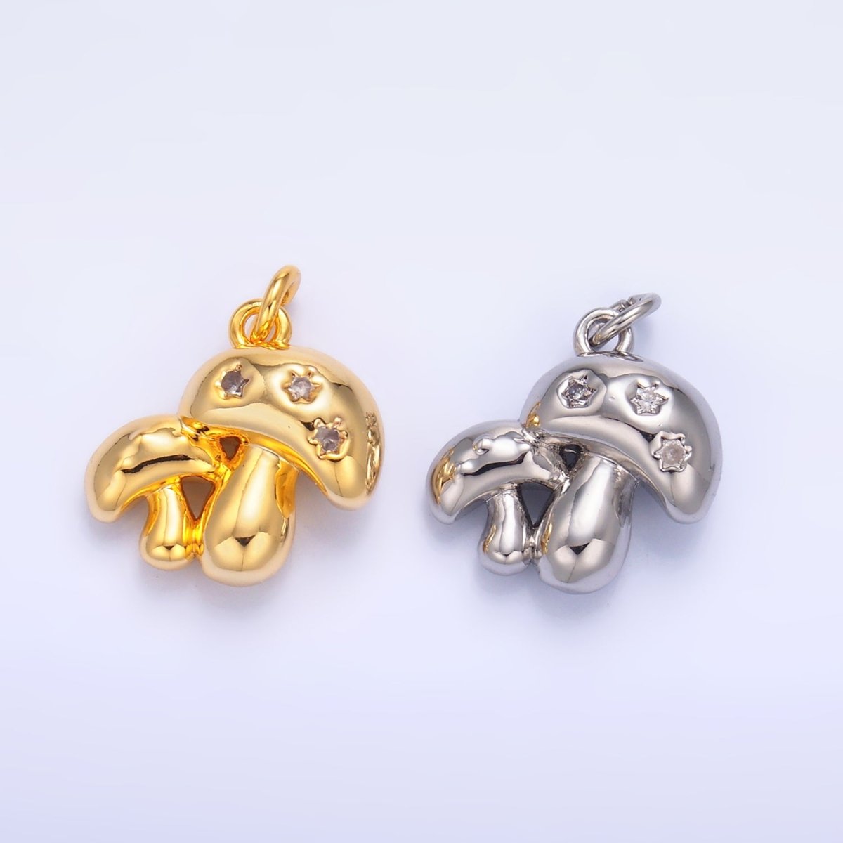 24K Gold Filled CZ Double Mushroom 3D Multidimensional Charm in Gold & Silver | W884