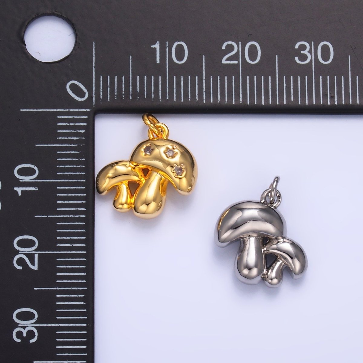 24K Gold Filled CZ Double Mushroom 3D Multidimensional Charm in Gold & Silver | W884