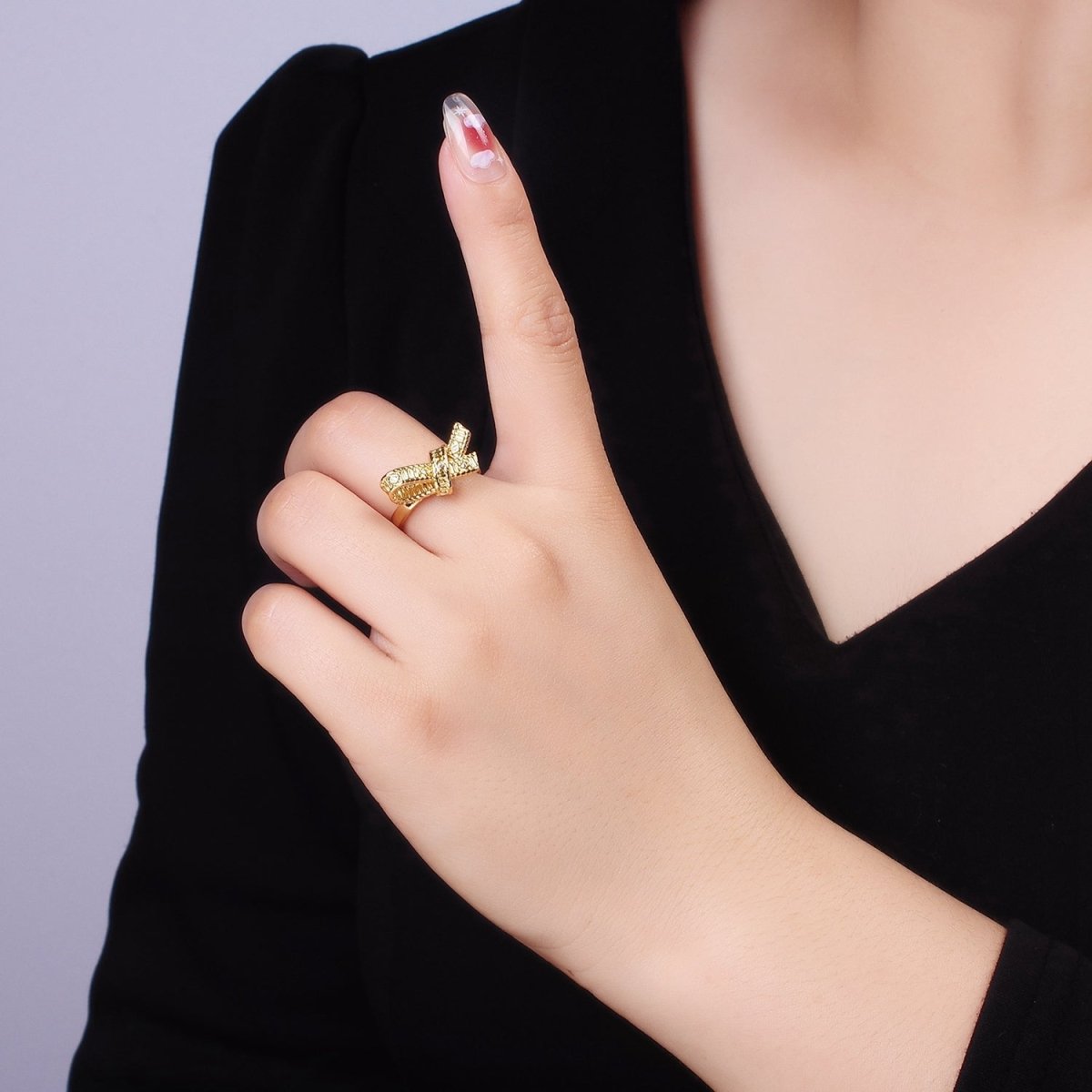 24K Gold Filled CZ Evil Eye Ribbed Tied Band Ring in Gold & Silver | R178 R179