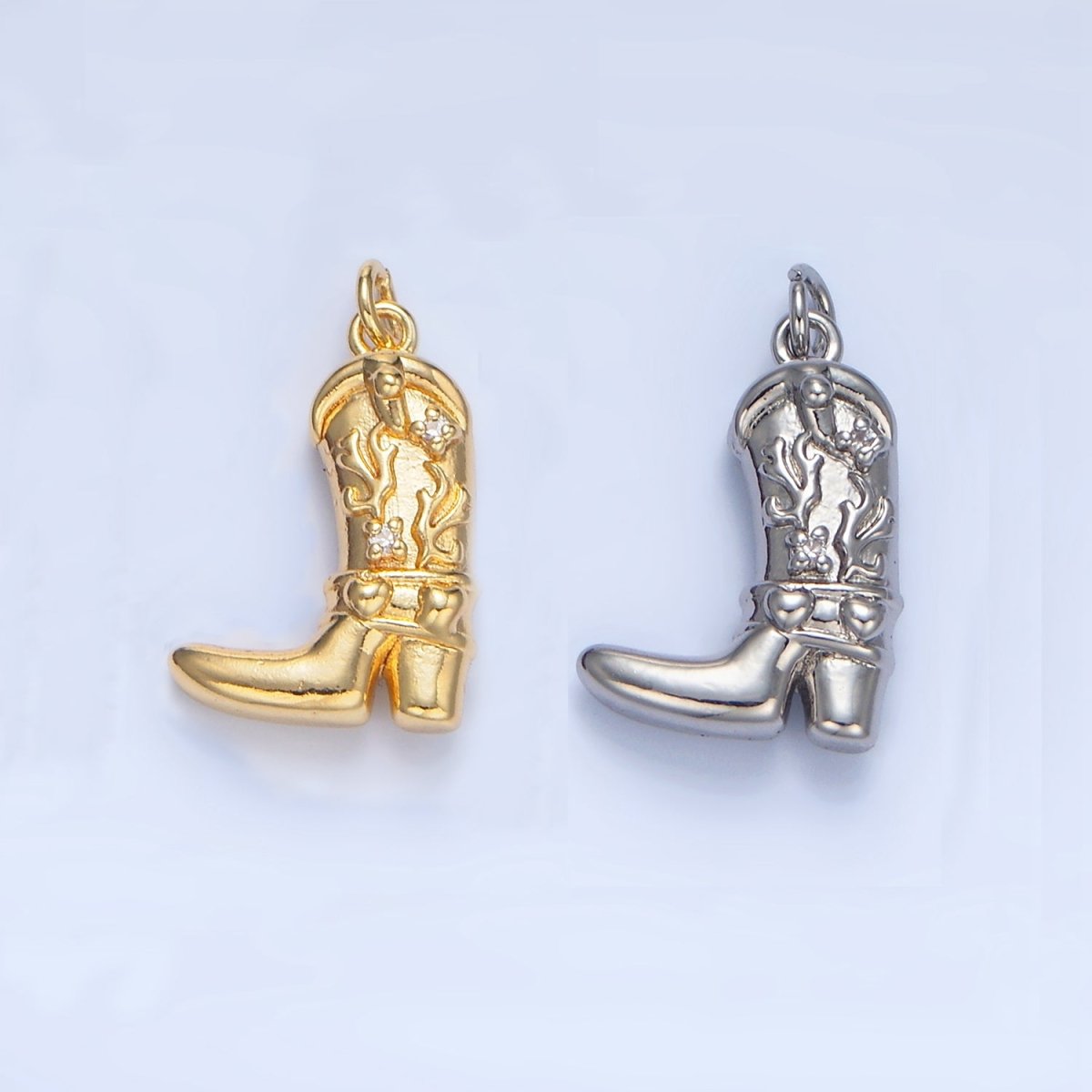 24K Gold Filled CZ Flaming Cowboy Boot Multidimensional Charm in Gold & Silver | X928