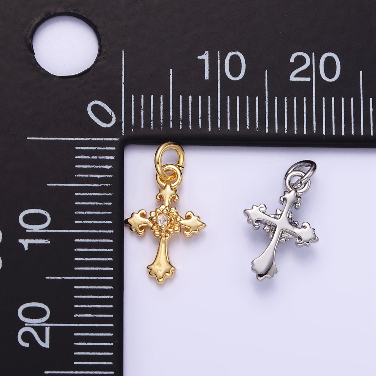 24K Gold Filled CZ Fleur Cross Mini Charm in Gold & Silver | AG845