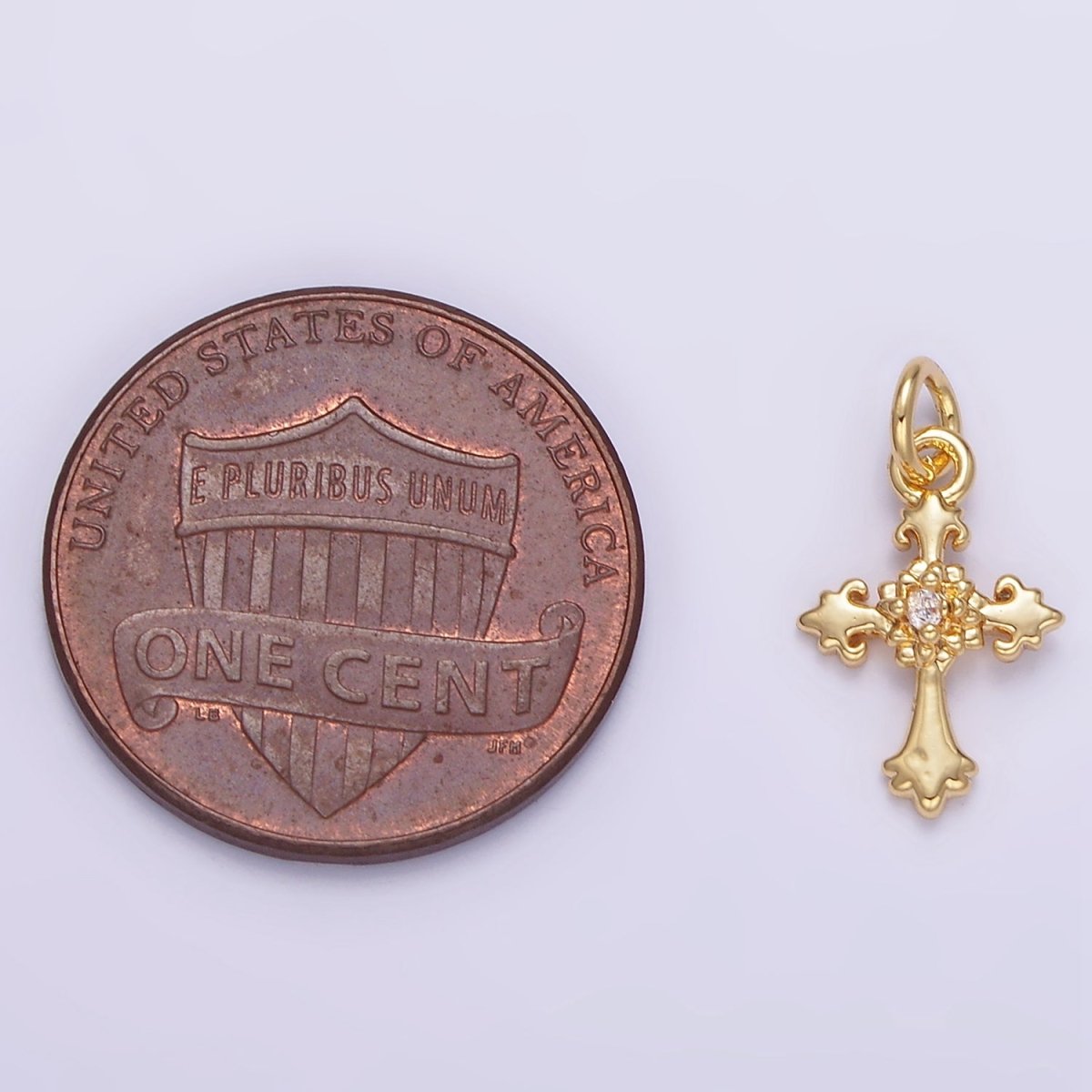 24K Gold Filled CZ Fleur Cross Mini Charm in Gold & Silver | AG845