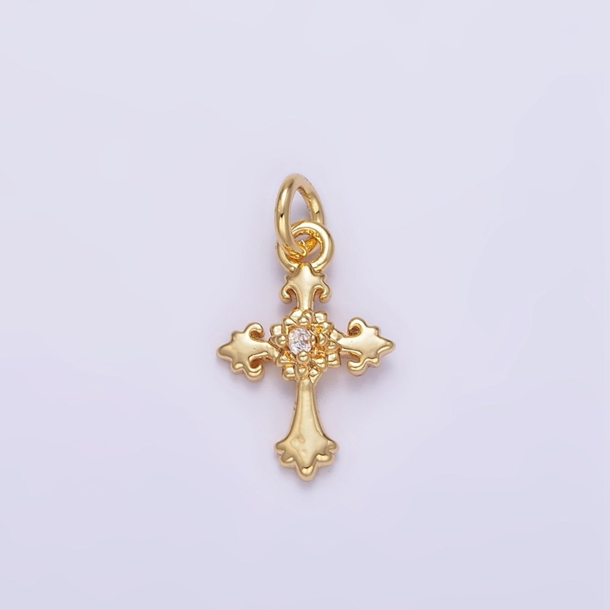 24K Gold Filled CZ Fleur Cross Mini Charm in Gold & Silver | AG845