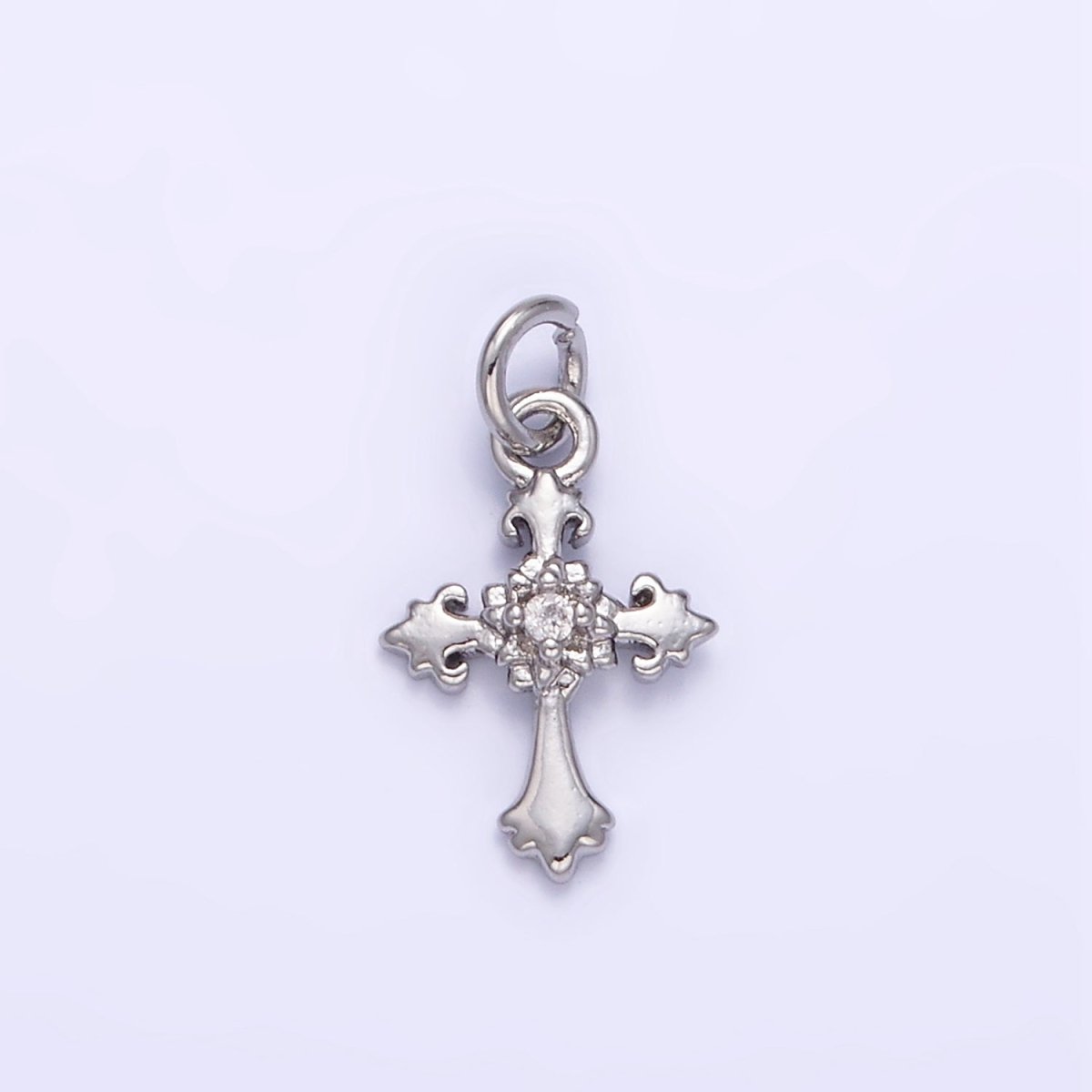 24K Gold Filled CZ Fleur Cross Mini Charm in Gold & Silver | AG845