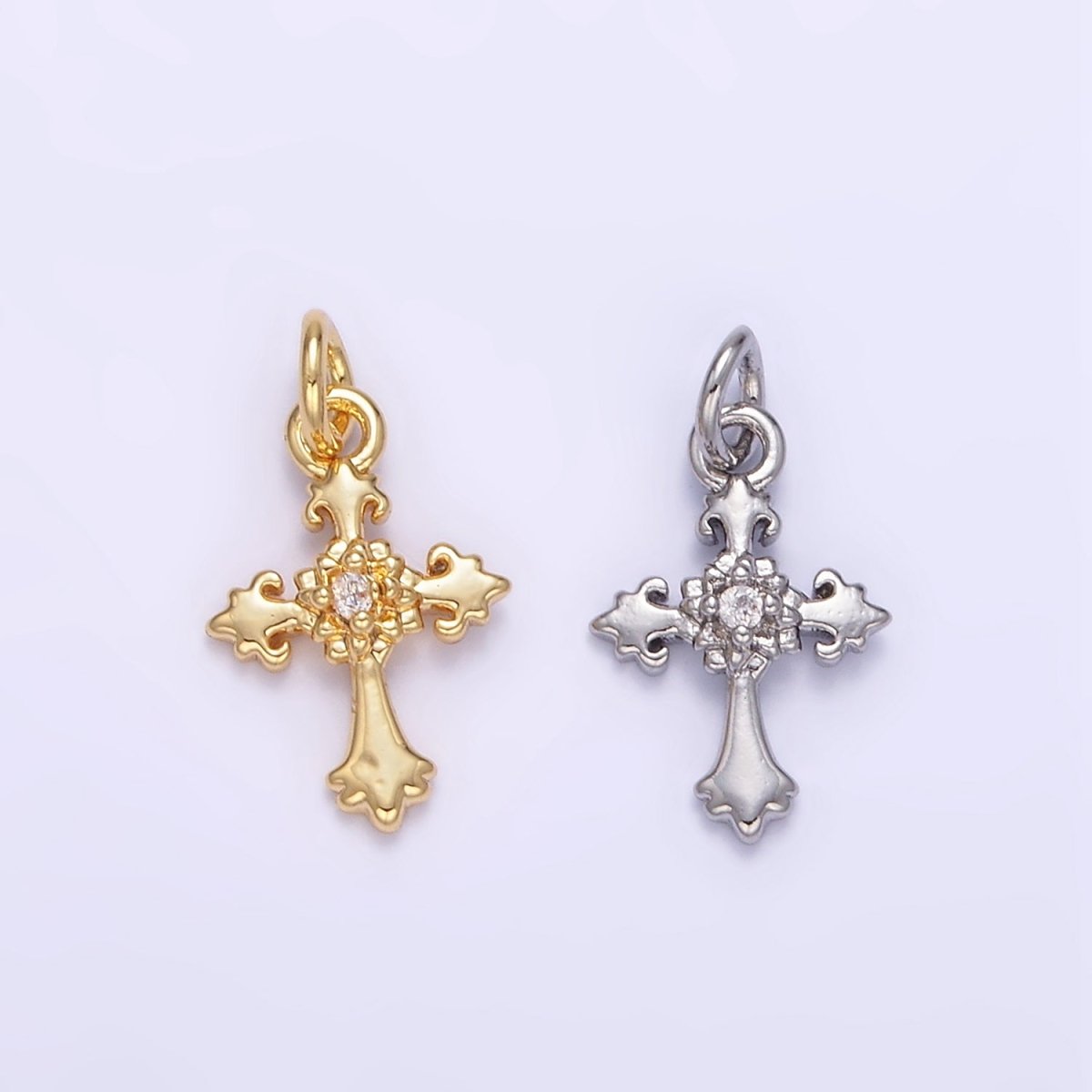 24K Gold Filled CZ Fleur Cross Mini Charm in Gold & Silver | AG845