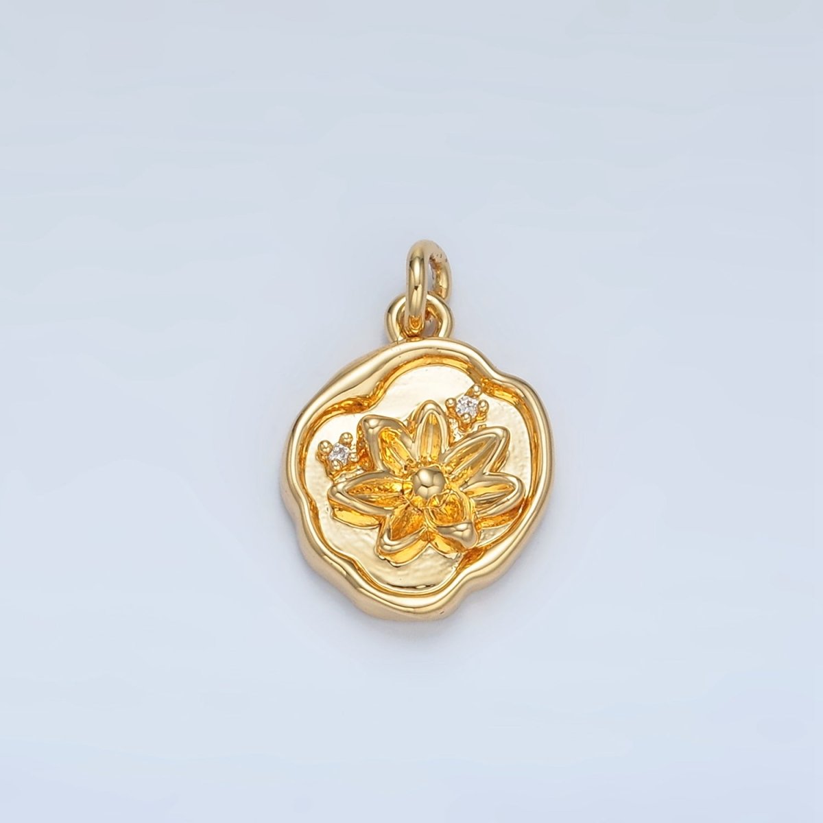 24K Gold Filled CZ Floral Lotus Flower Round Stamped Charm | X310 - DLUXCA