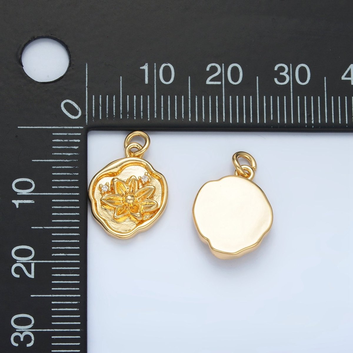 24K Gold Filled CZ Floral Lotus Flower Round Stamped Charm | X310 - DLUXCA