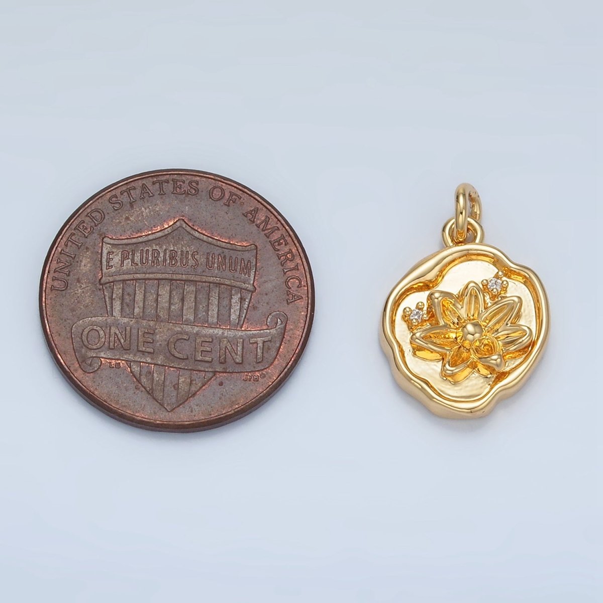 24K Gold Filled CZ Floral Lotus Flower Round Stamped Charm | X310 - DLUXCA