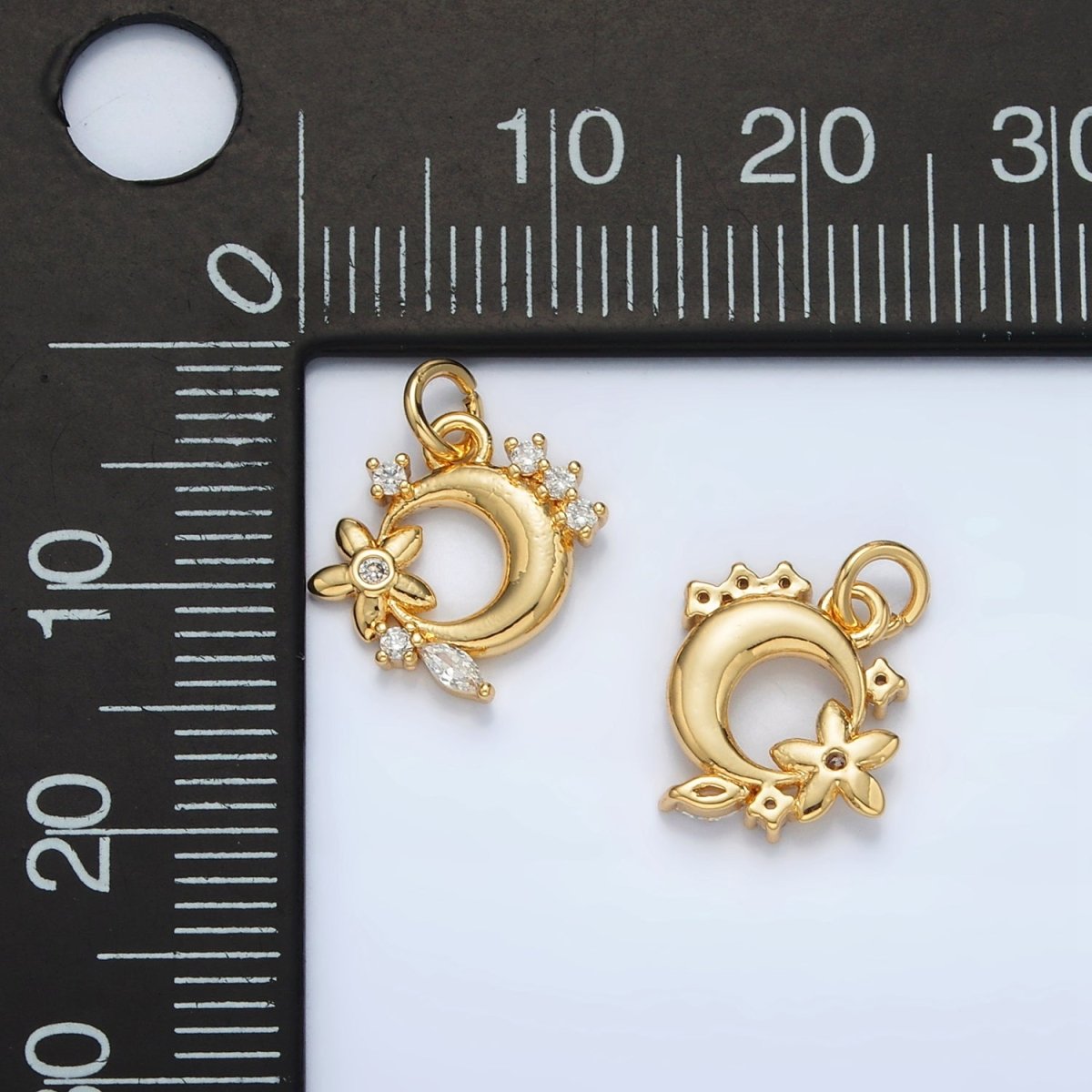 24K Gold Filled CZ Flower and Cresent Moon Celestial Charm | AC - 111 - DLUXCA