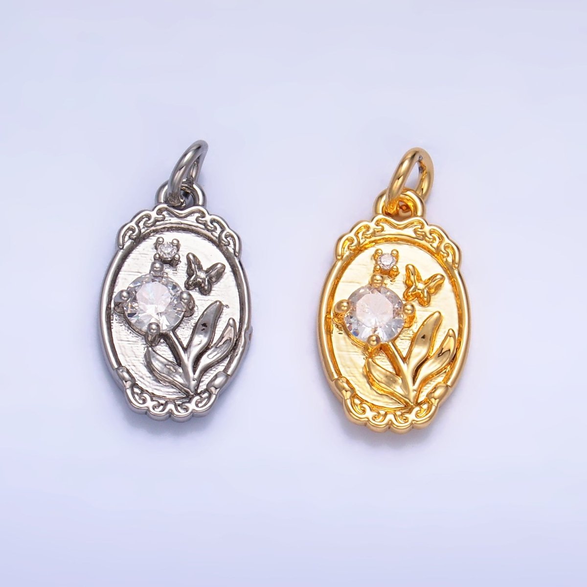 24K Gold Filled CZ Flower Butterfly Oval Charm in Gold & Silver | W383