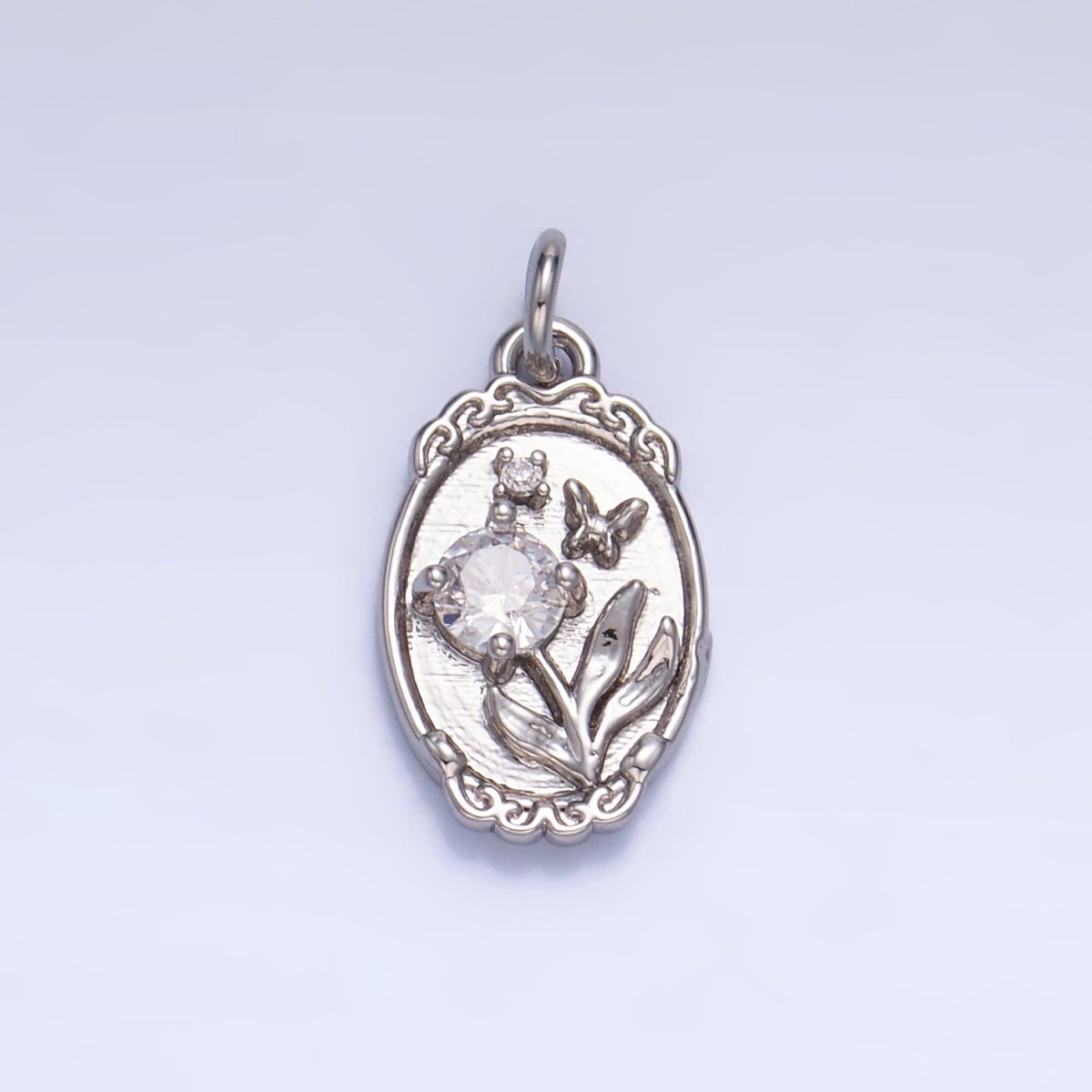 24K Gold Filled CZ Flower Butterfly Oval Charm in Gold & Silver | W383
