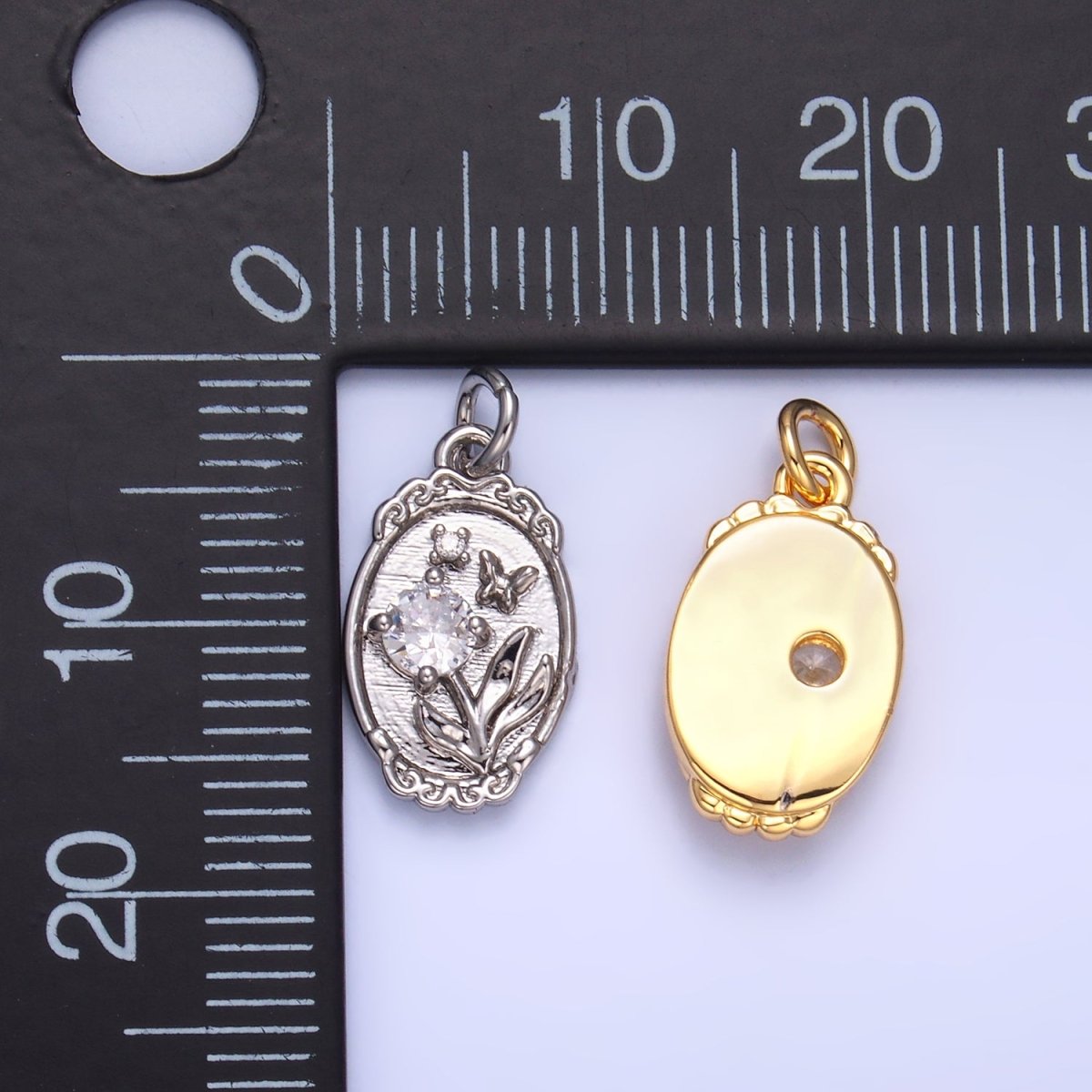 24K Gold Filled CZ Flower Butterfly Oval Charm in Gold & Silver | W383
