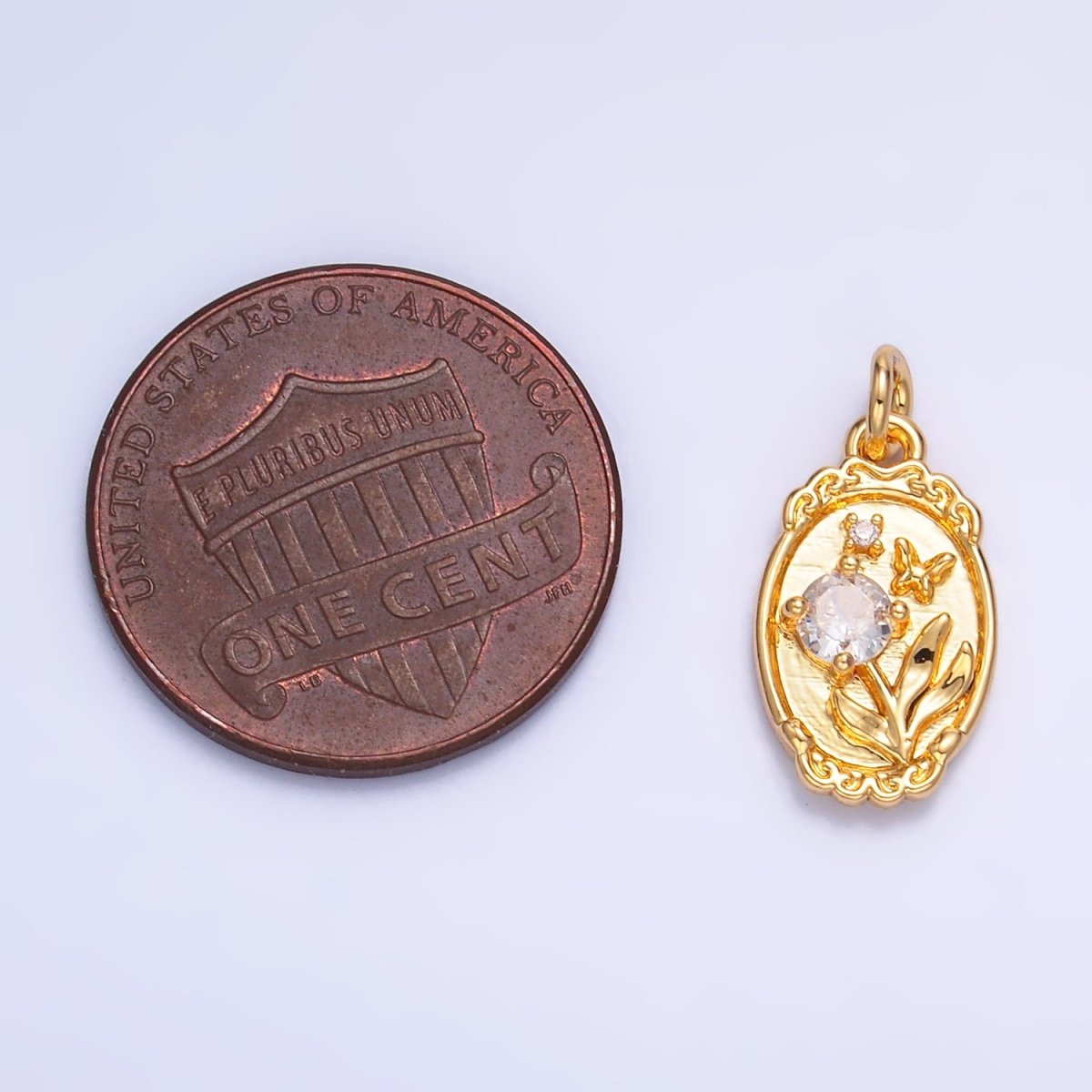 24K Gold Filled CZ Flower Butterfly Oval Charm in Gold & Silver | W383