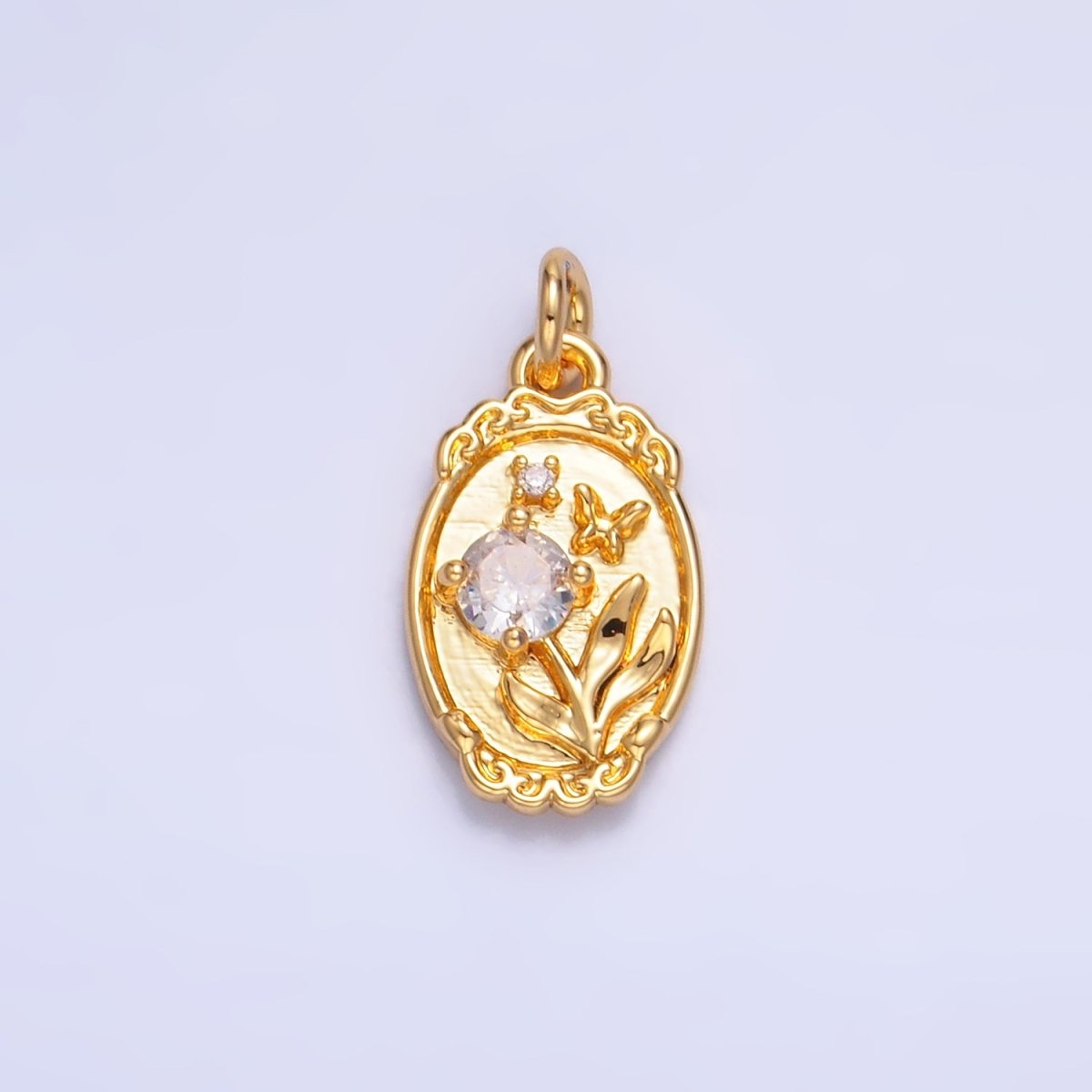 24K Gold Filled CZ Flower Butterfly Oval Charm in Gold & Silver | W383