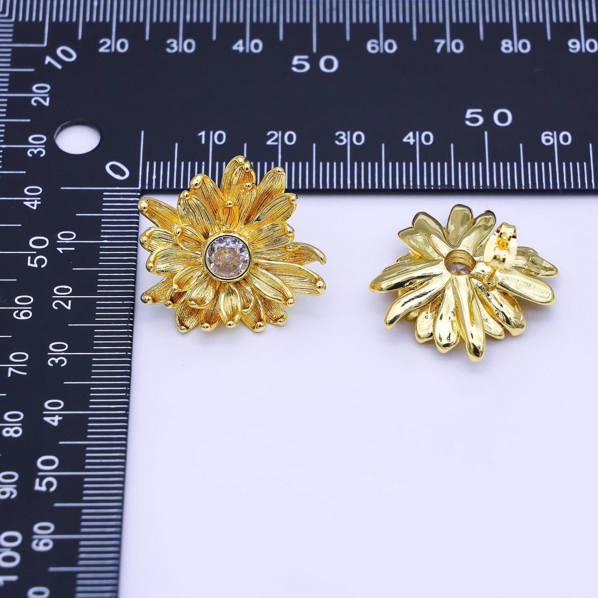 24K Gold Filled CZ Flower Textured Stud Earrings | AI498 - DLUXCA