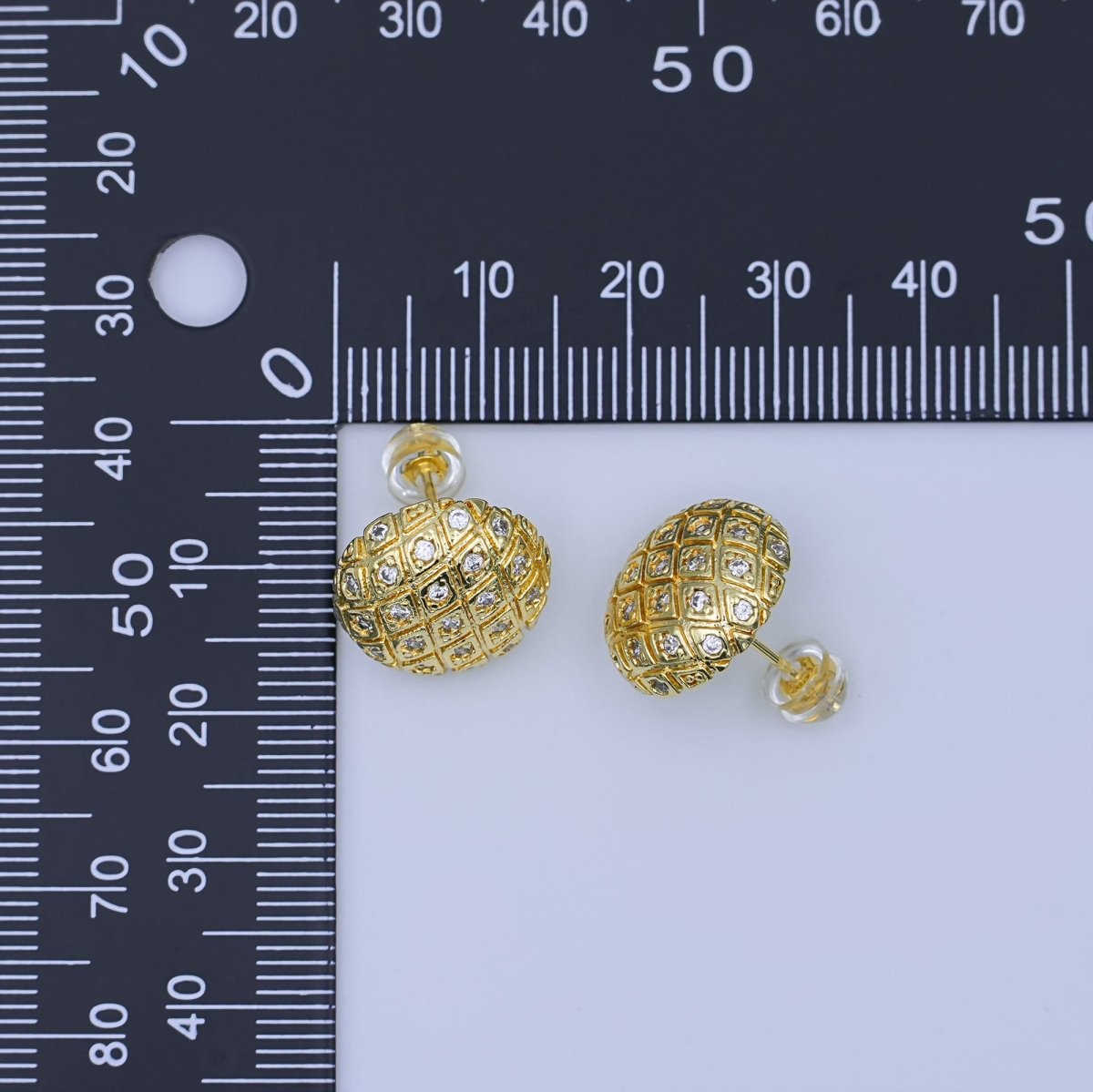 24K Gold Filled CZ Geometric Quilted Dome Round Stud Earrings | T444 - DLUXCA