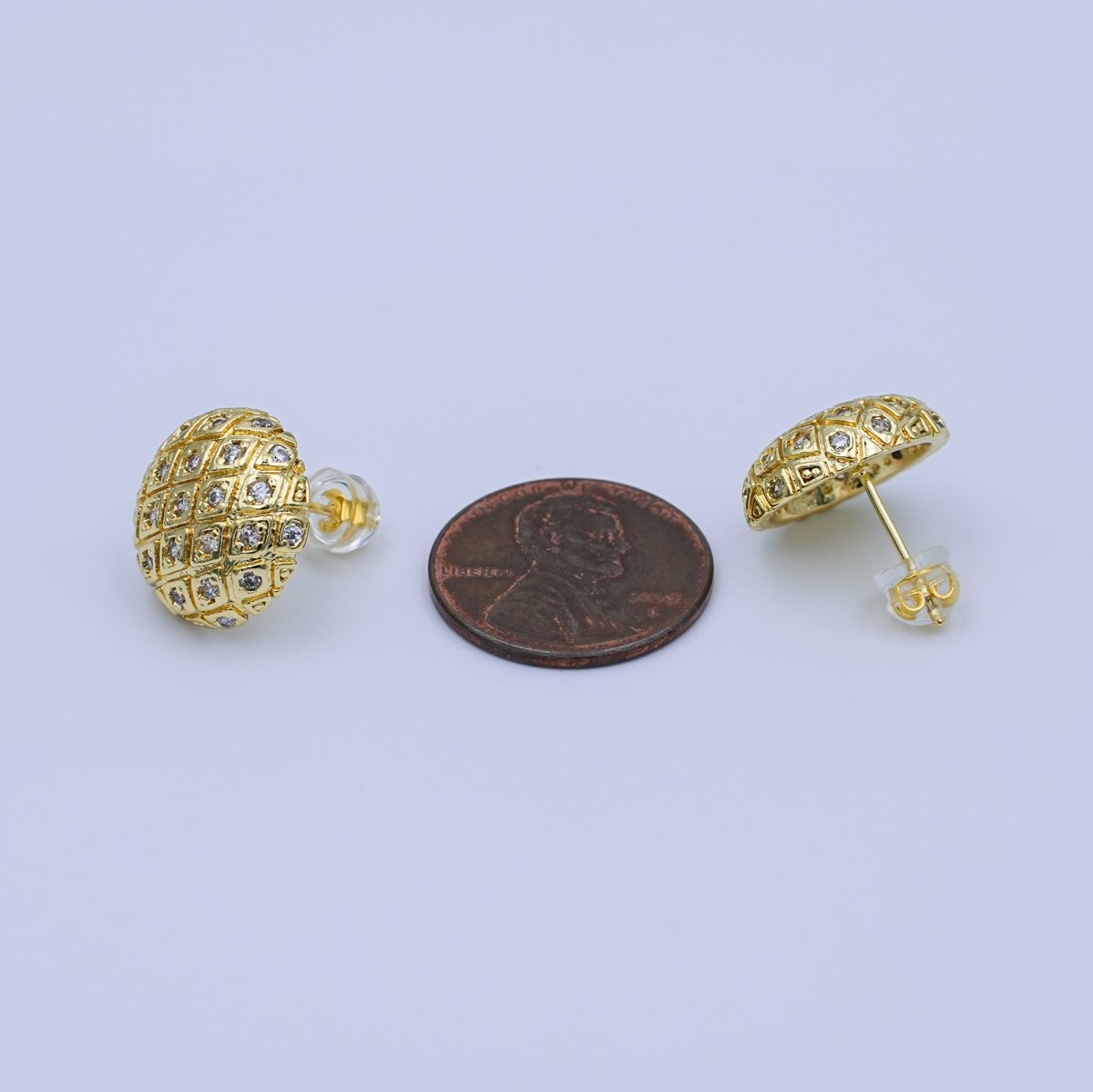24K Gold Filled CZ Geometric Quilted Dome Round Stud Earrings | T444 - DLUXCA