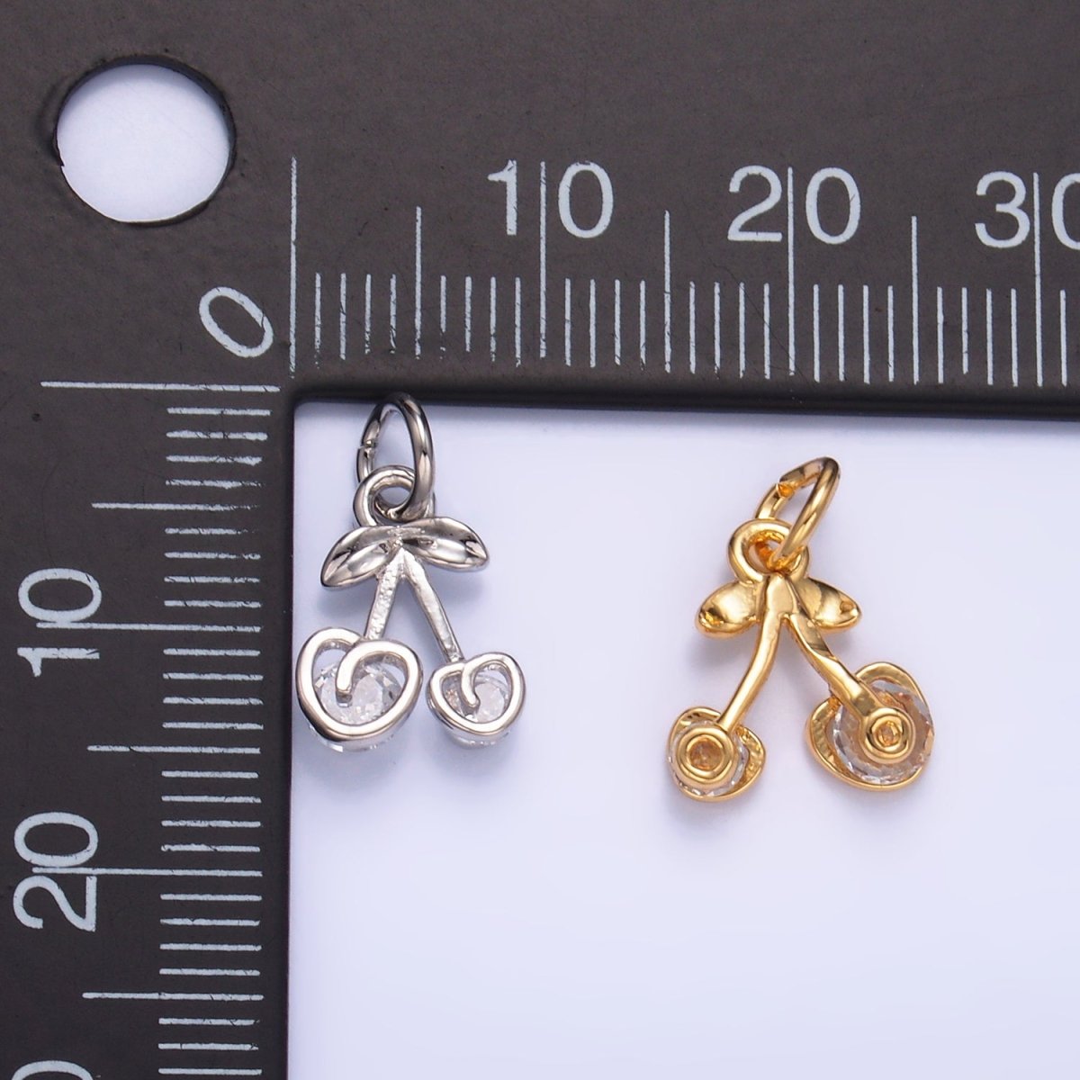 24K Gold Filled CZ Heart Cherry Fruit Charm in Gold & Silver | W321