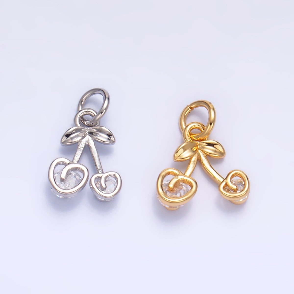 24K Gold Filled CZ Heart Cherry Fruit Charm in Gold & Silver | W321
