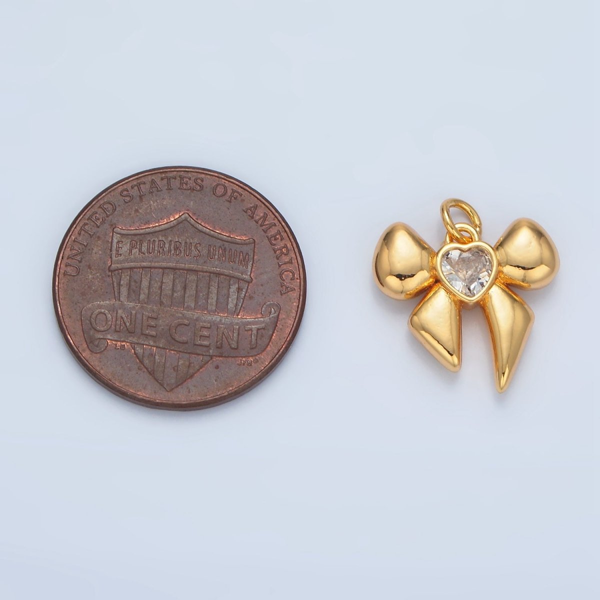 24k Gold Filled CZ Heart Puffy Ribbon Bow Charm | X - 311 - DLUXCA