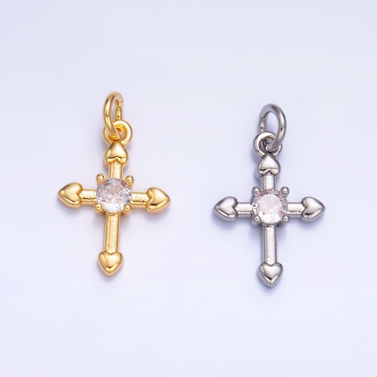 24K Gold Filled CZ Heart Religious Cross Charm in Gold & Silver | W377
