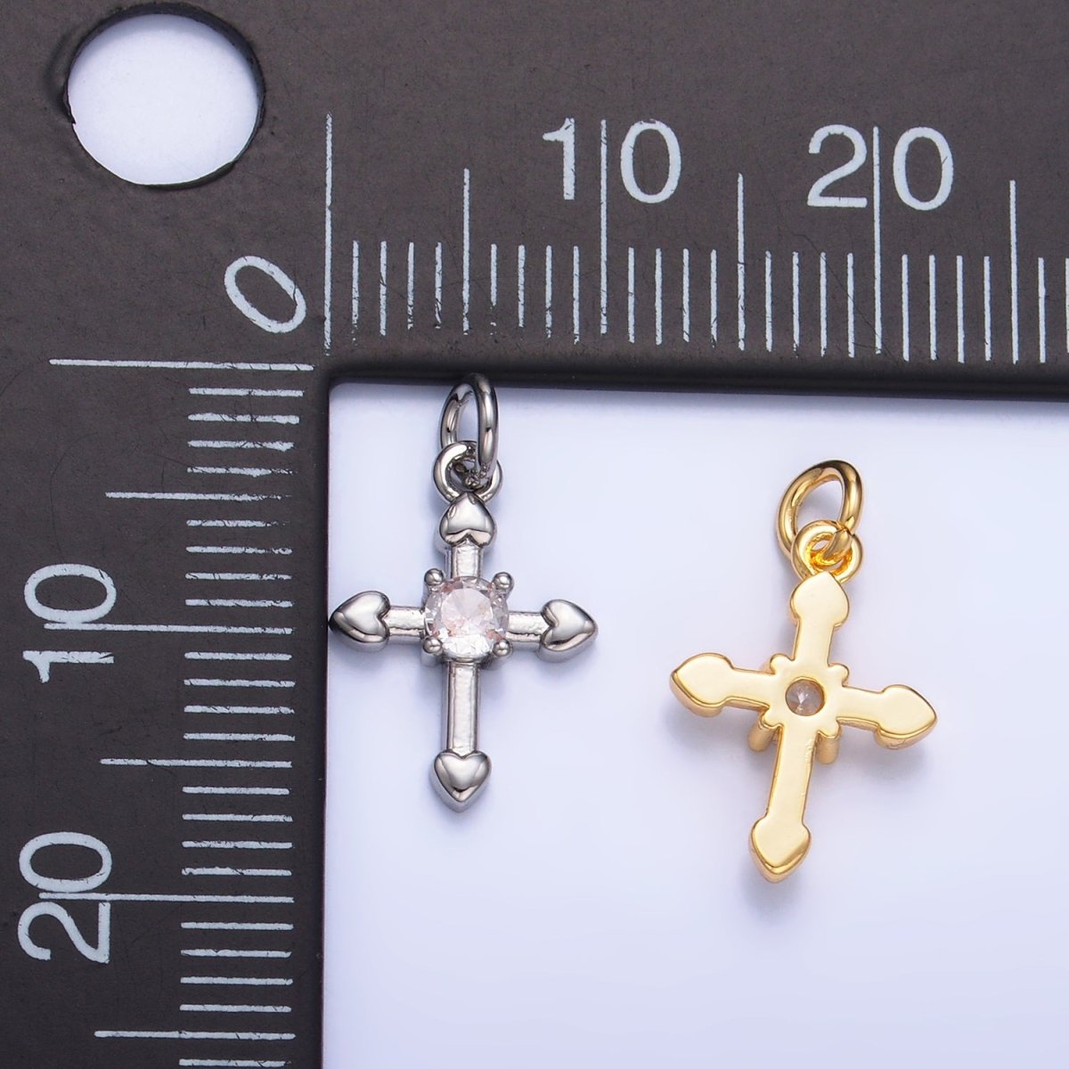 24K Gold Filled CZ Heart Religious Cross Charm in Gold & Silver | W377