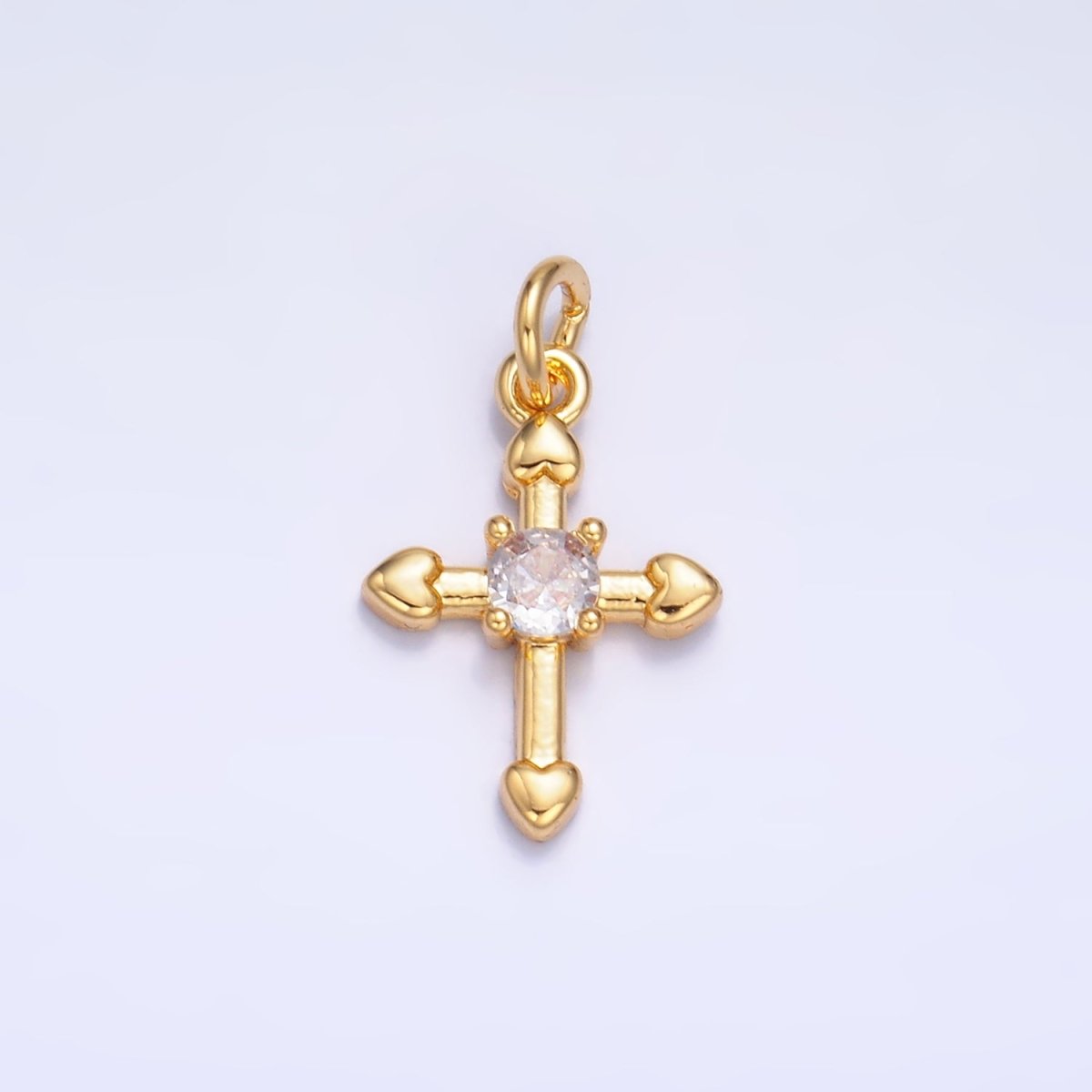24K Gold Filled CZ Heart Religious Cross Charm in Gold & Silver | W377