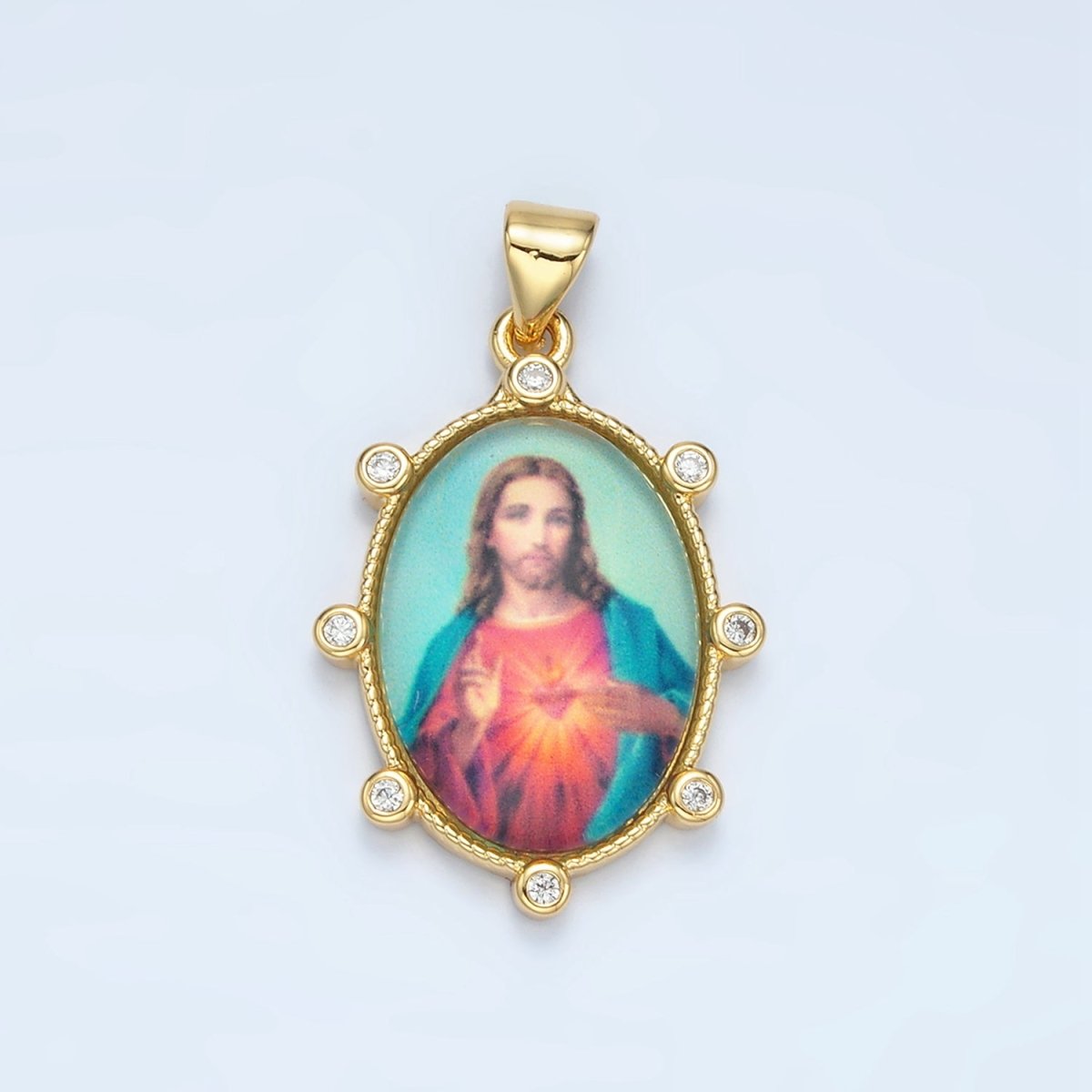 24K Gold Filled CZ Jesus Sacred Heart Oval Religious Pendant | AA - 901 - DLUXCA