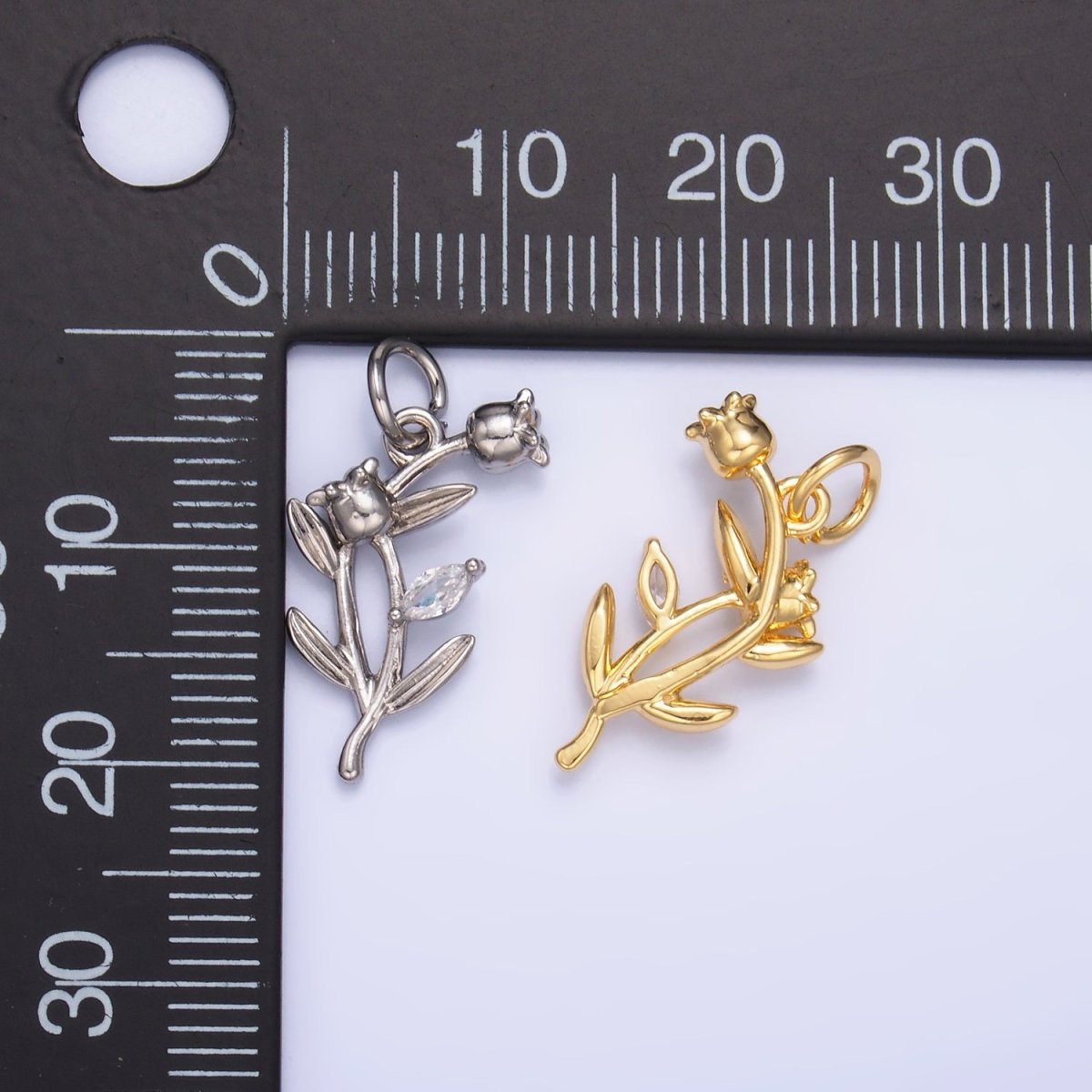 24K Gold Filled CZ Larkspur Flower Multidimensional 3D Charm in Gold & Silver | M177