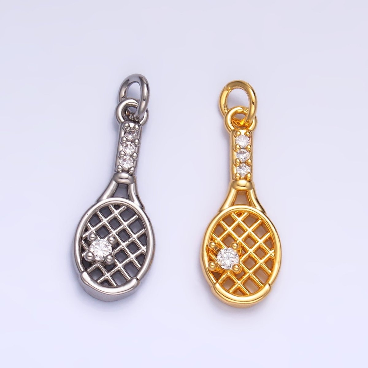 24K Gold Filled CZ Micro Paved Tennis Badminton Racket Sports Charm in Gold & Silver | X855