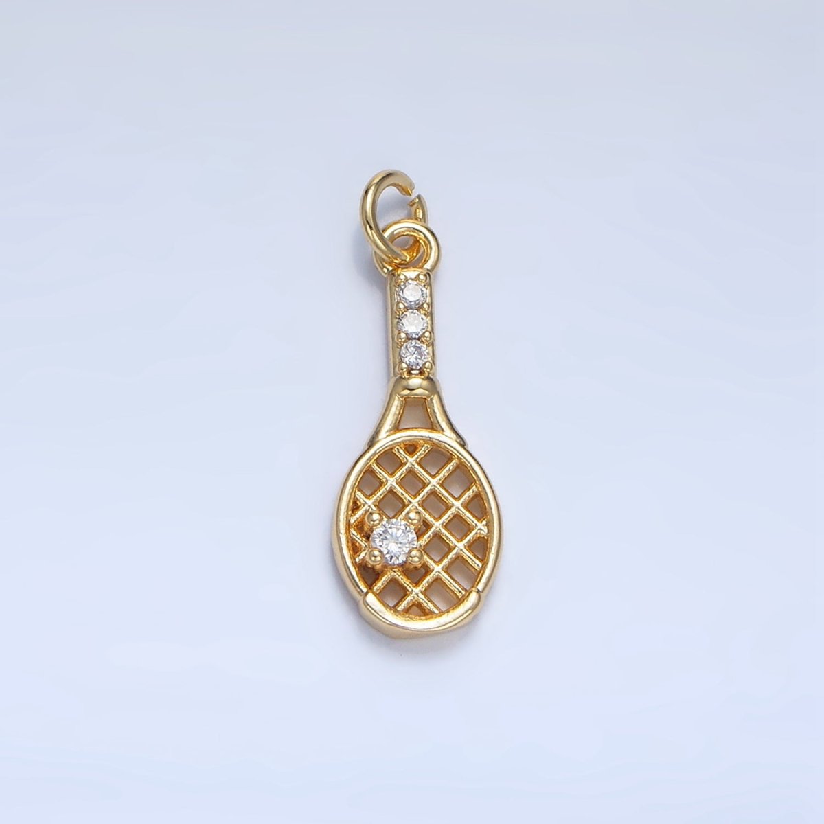 24K Gold Filled CZ Micro Paved Tennis Badminton Racket Sports Charm in Gold & Silver | X855