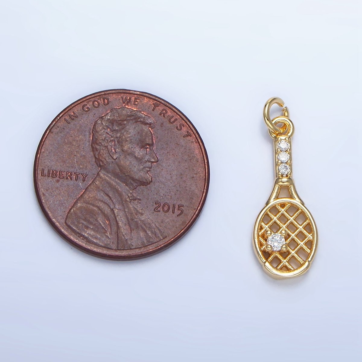 24K Gold Filled CZ Micro Paved Tennis Badminton Racket Sports Charm in Gold & Silver | X855