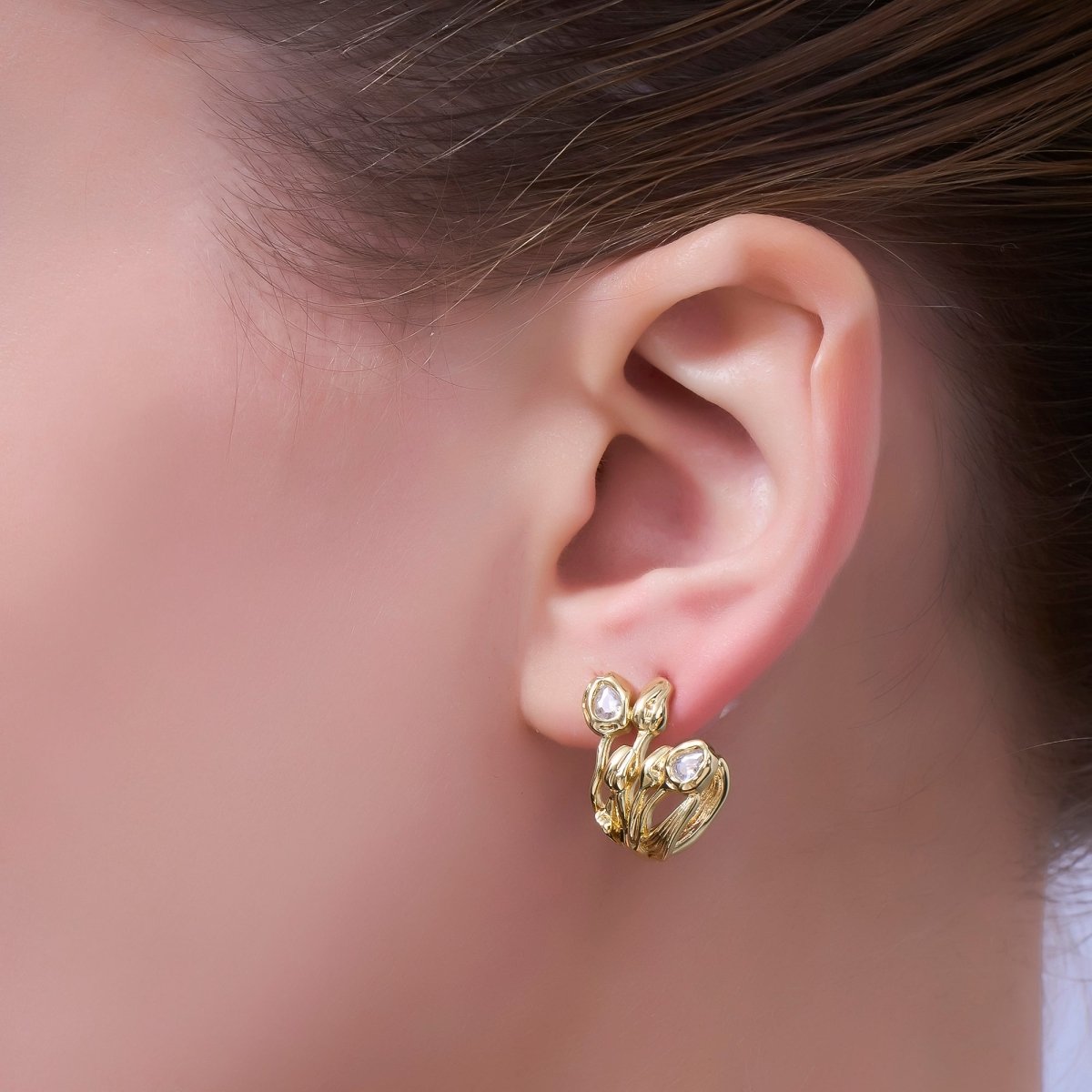 24K Gold Filled CZ Molten Flower J - Shaped Hoop Earrings | AI499 - DLUXCA