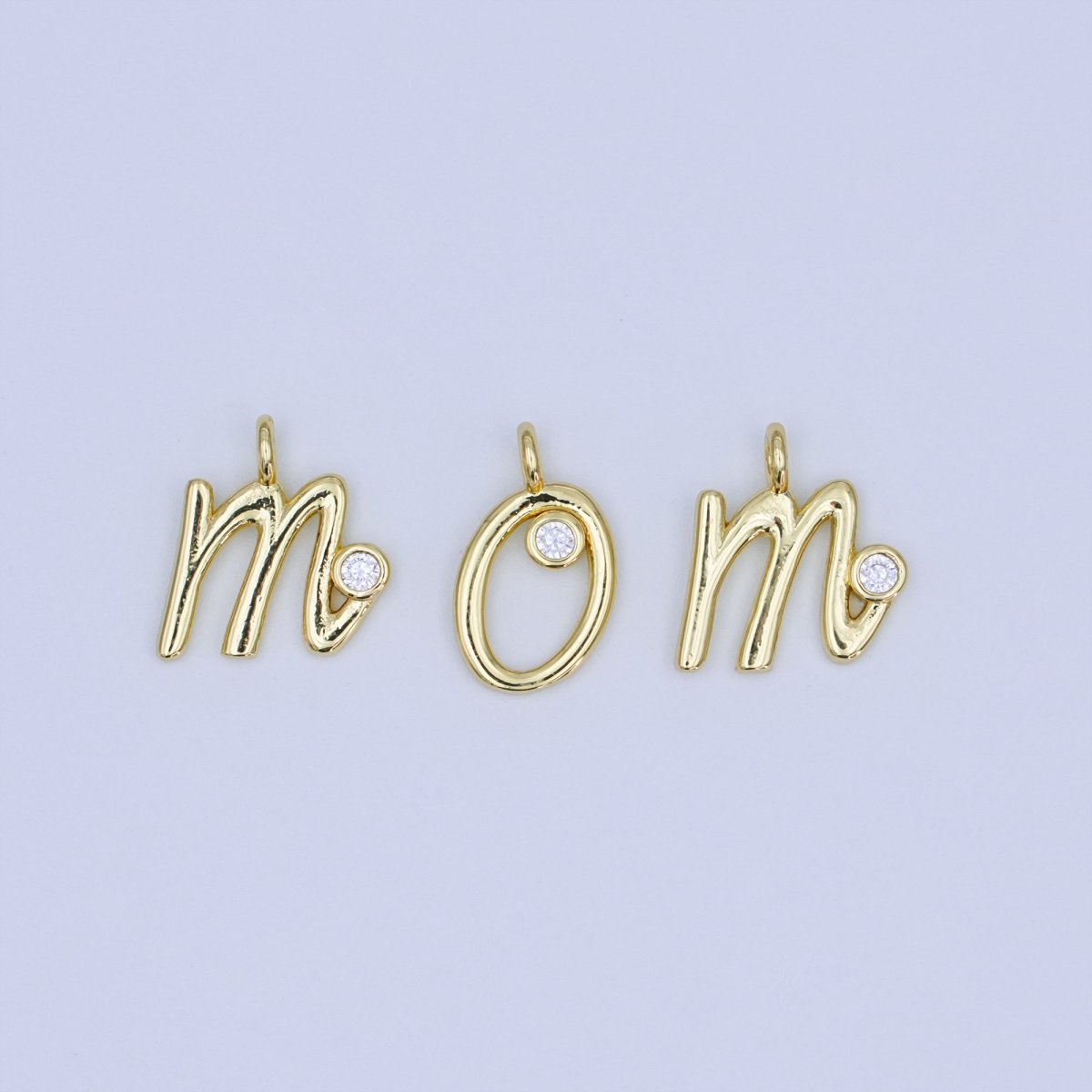 24K Gold Filled CZ "MOM" Cursive Script Charm Set | N048 - DLUXCA