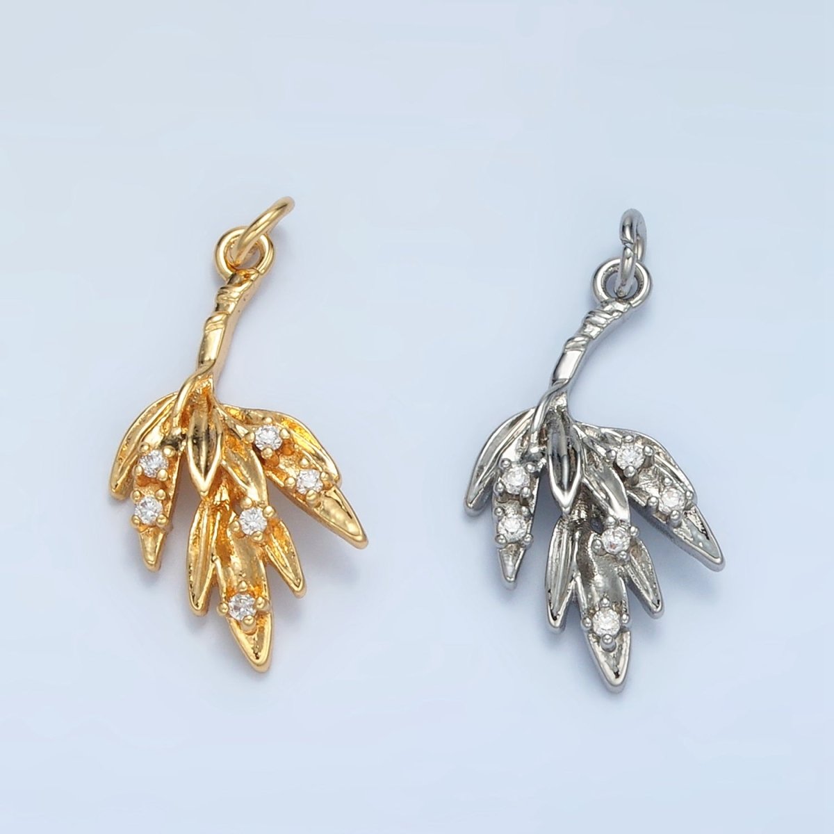 24K Gold Filled CZ Olive Branch Leaf Nature Charm in Gold & Silver | E381