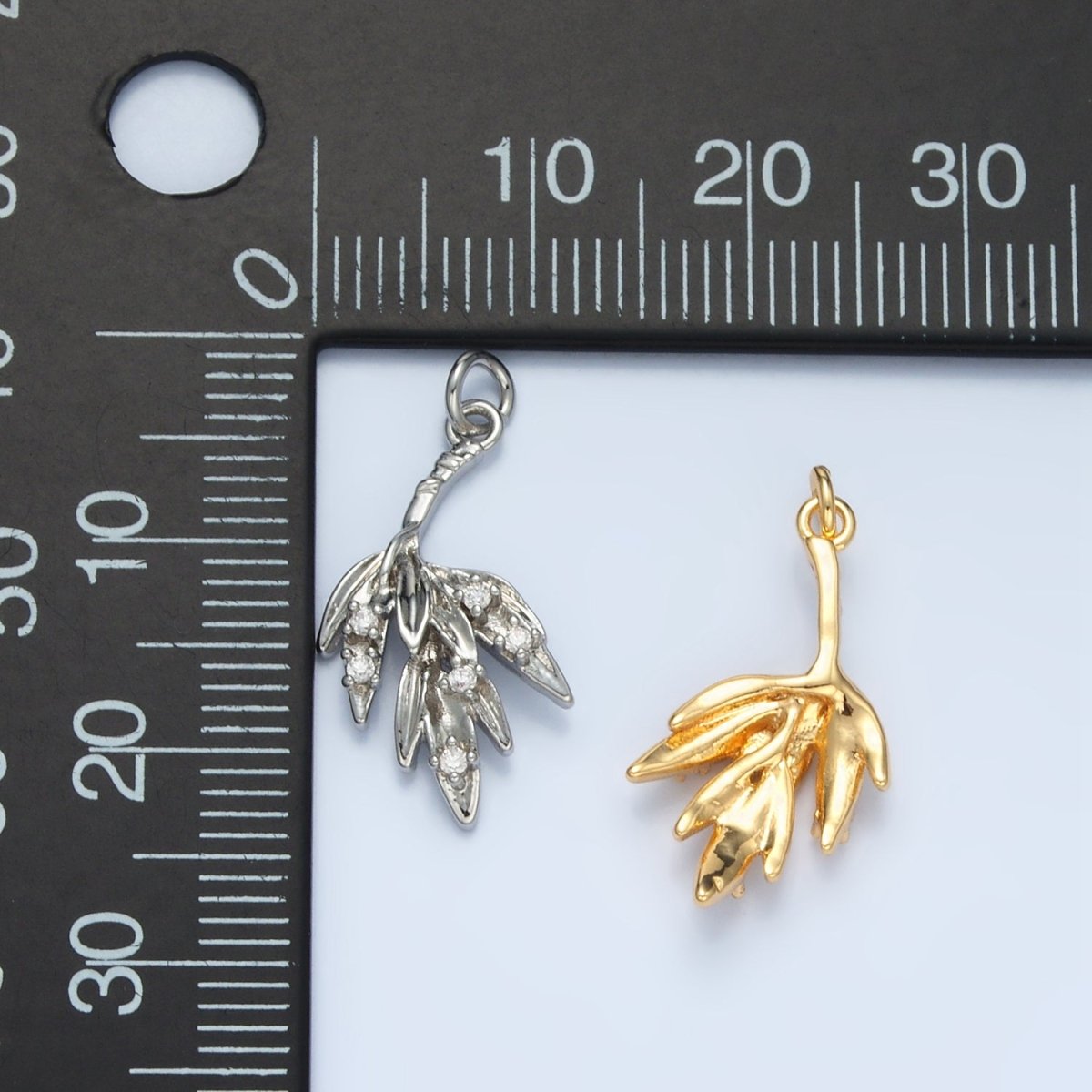 24K Gold Filled CZ Olive Branch Leaf Nature Charm in Gold & Silver | E381