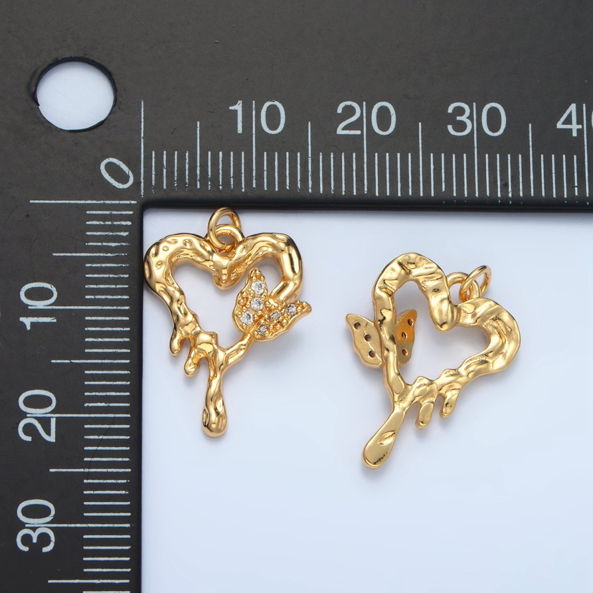 24K Gold Filled CZ Open Hammered Molten Heart Butterfly Charm in Gold & Silver | E384