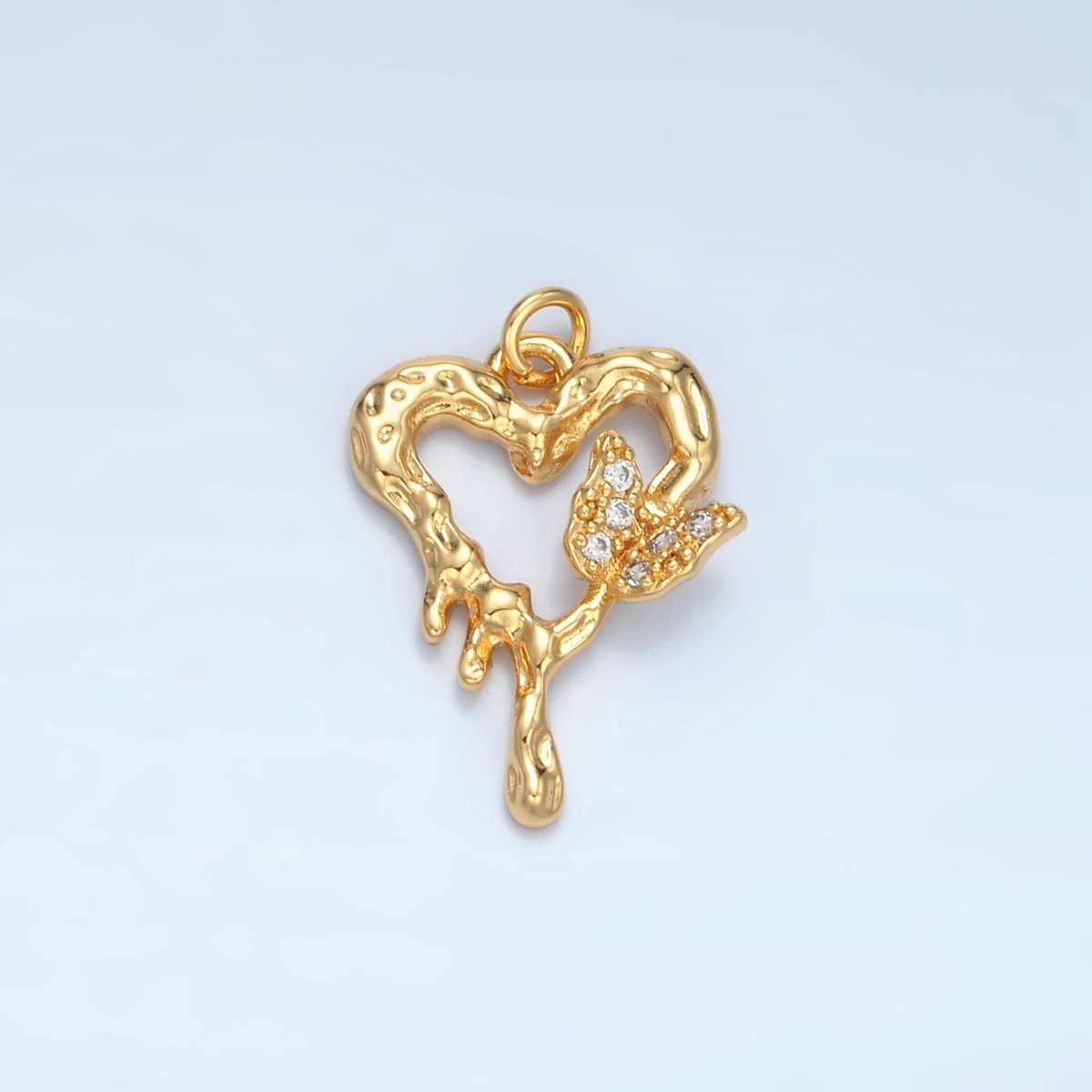 24K Gold Filled CZ Open Hammered Molten Heart Butterfly Charm in Gold & Silver | E384