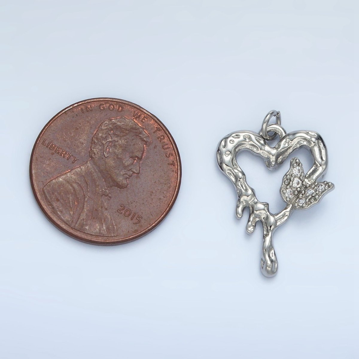 24K Gold Filled CZ Open Hammered Molten Heart Butterfly Charm in Gold & Silver | E384