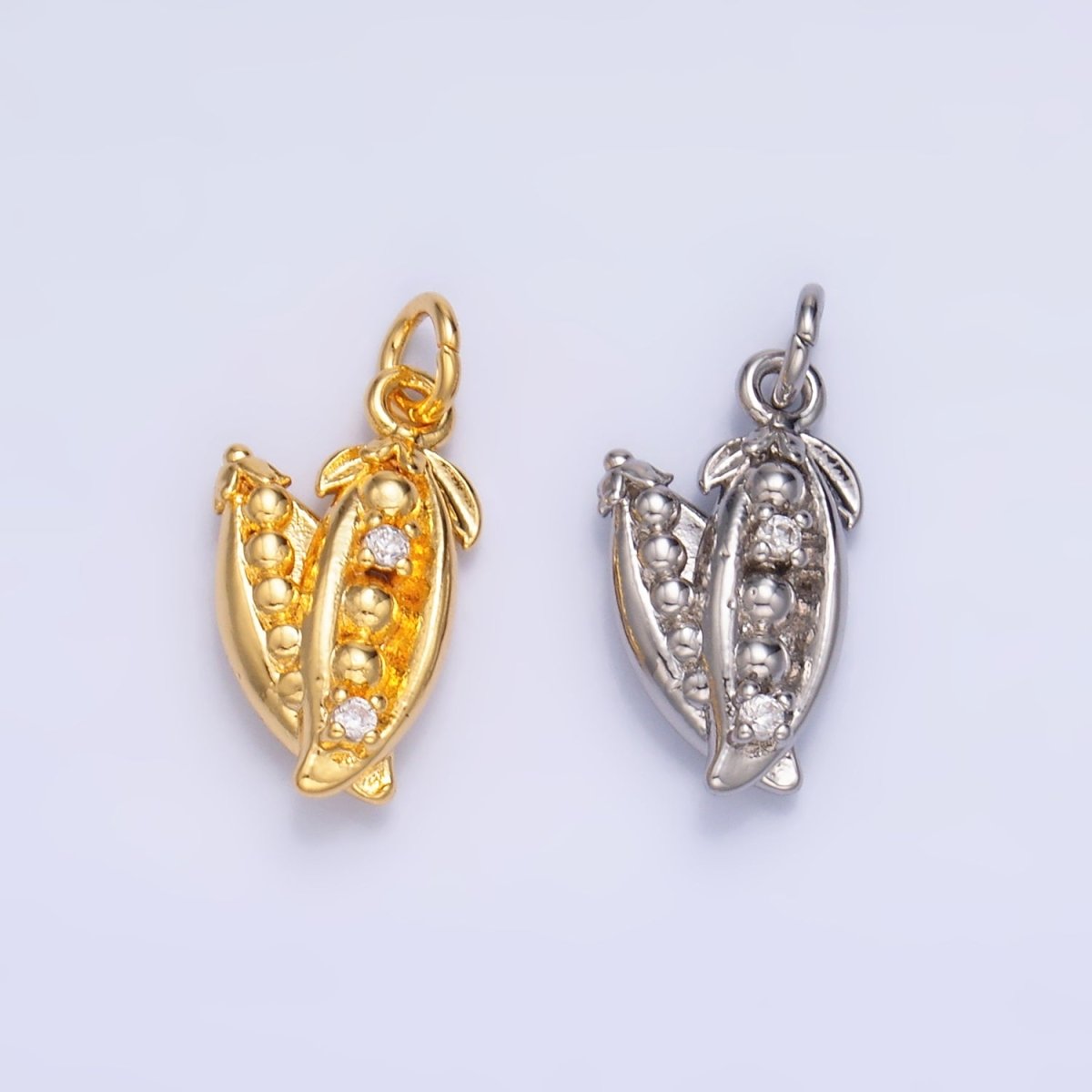 24K Gold Filled CZ Pea Pods Fruit Multidimensional 3D Charm in Gold & Silver | M173